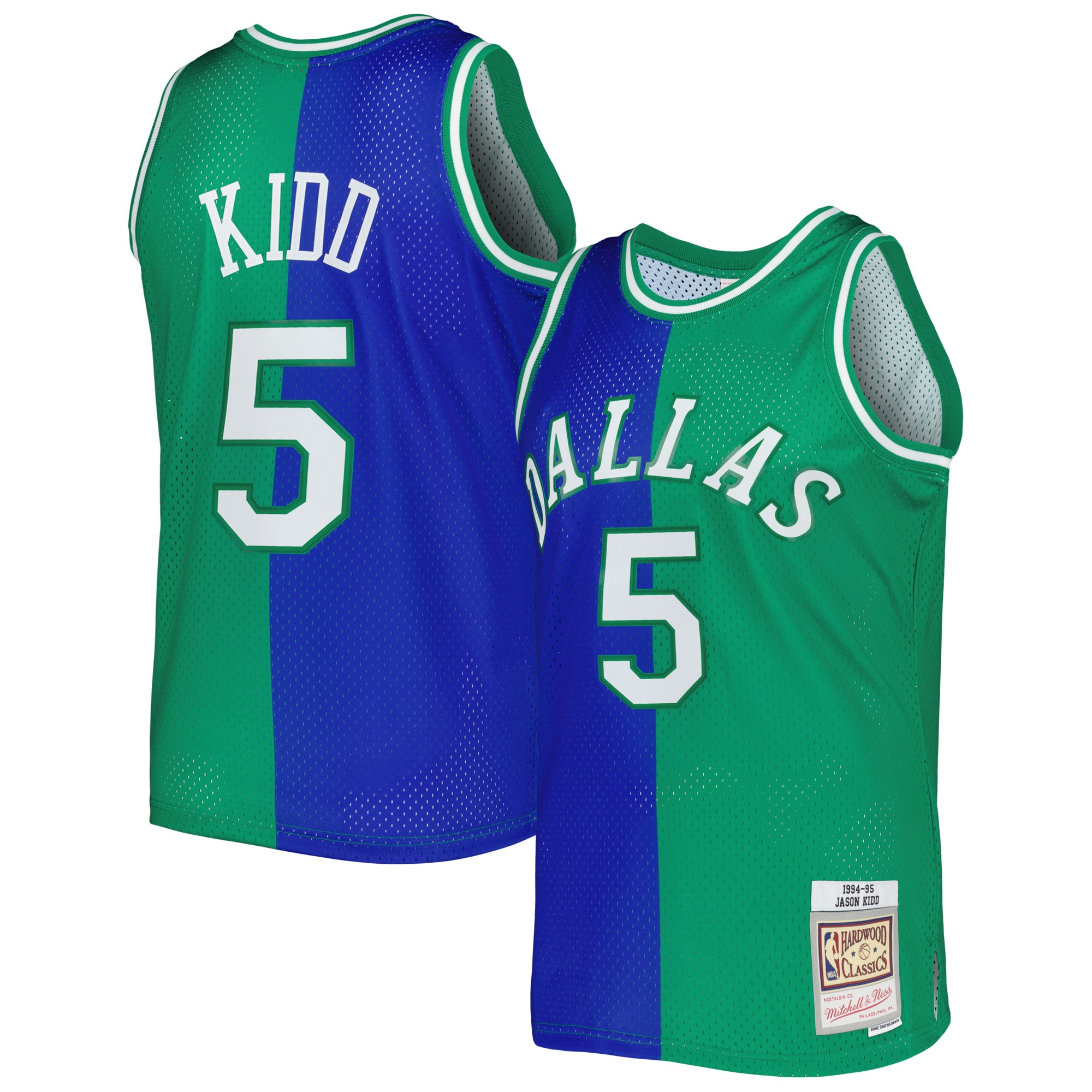 Jason Kidd Dallas Mavericks Mitchell & Ness Hardwood Classics 1994/95 Split Swingman Jersey - Blue/Green