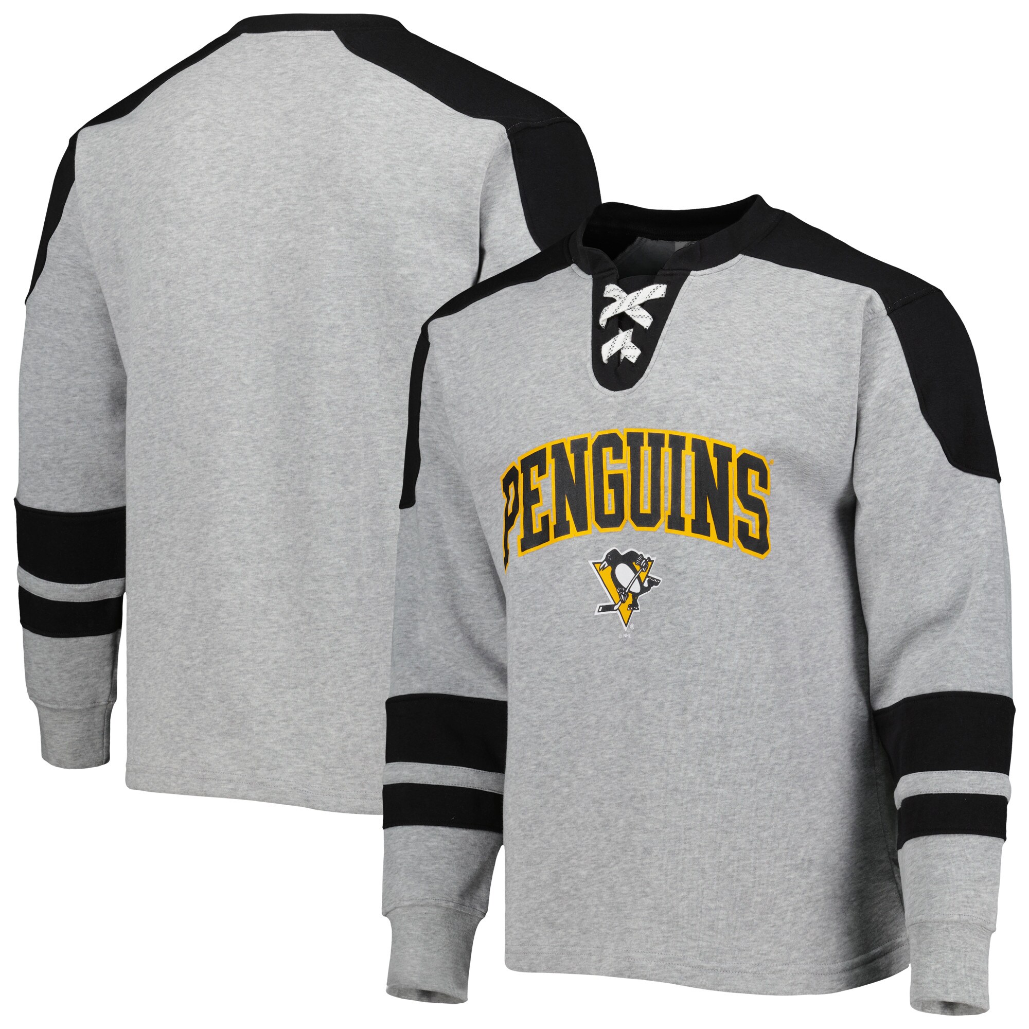Men's Heather Gray Pittsburgh Penguins Classic Fit Lace-Up Pullover Sweatshirt