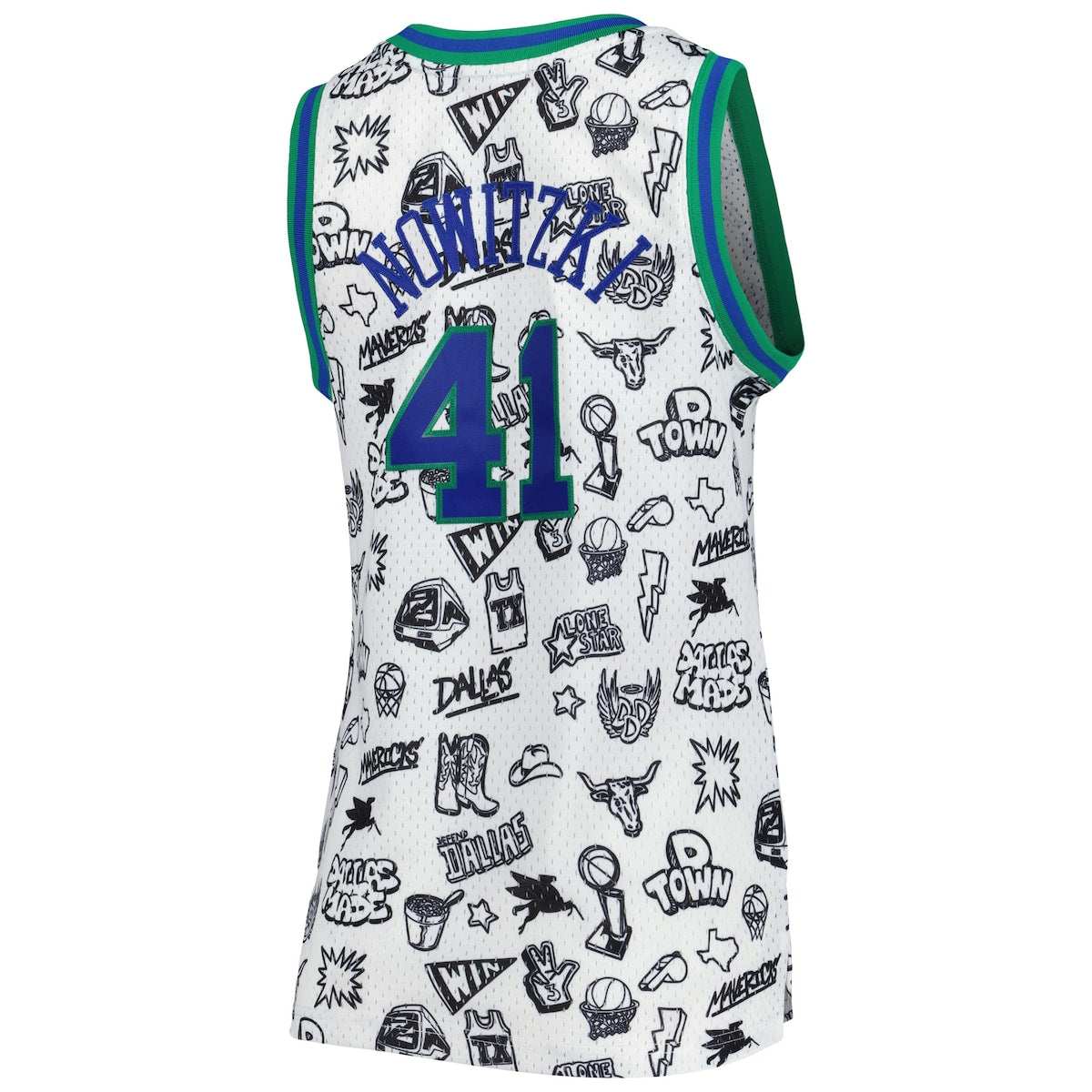 Women's Dirk Nowitzki Mitchell & Ness Mavericks 1998 Doodle Swingman Jersey - White