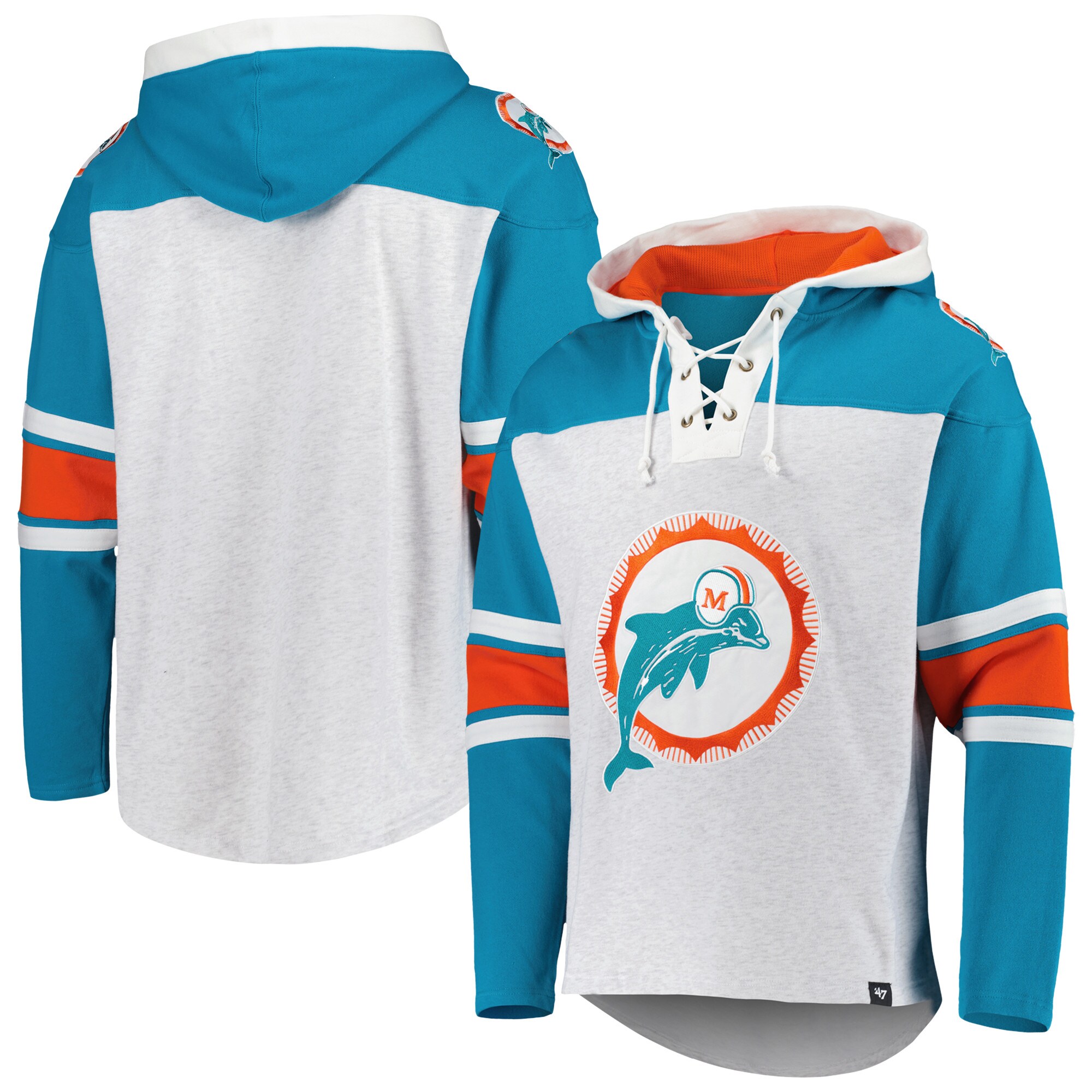 Miami Dolphins '47 Historic Logo Gridiron Lace-Up Pullover Hoodie - Heather Gray