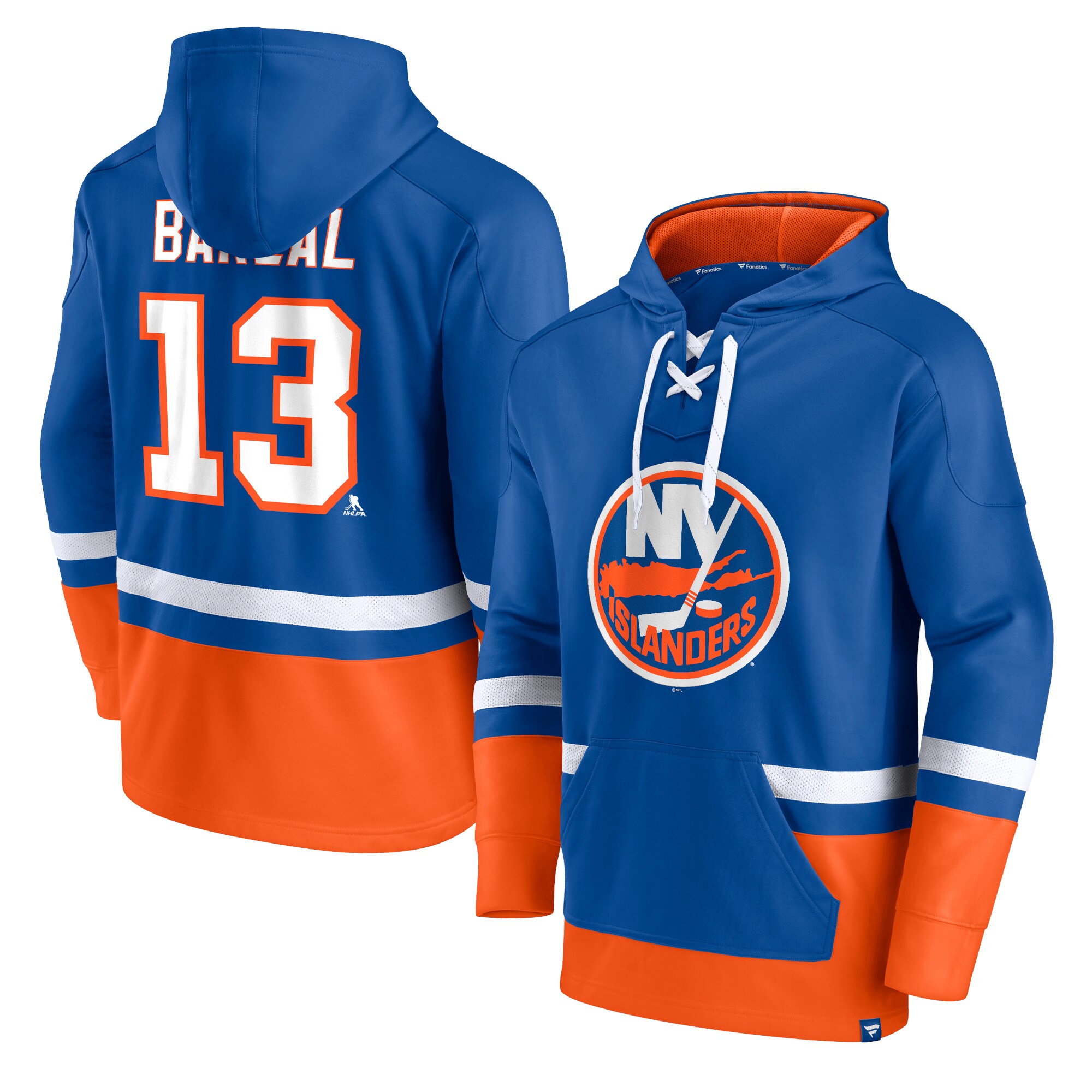 Mathew Barzal New York Islanders Fanatics Branded Player Lace-Up V-Neck Pullover Hoodie - Royal/Orange