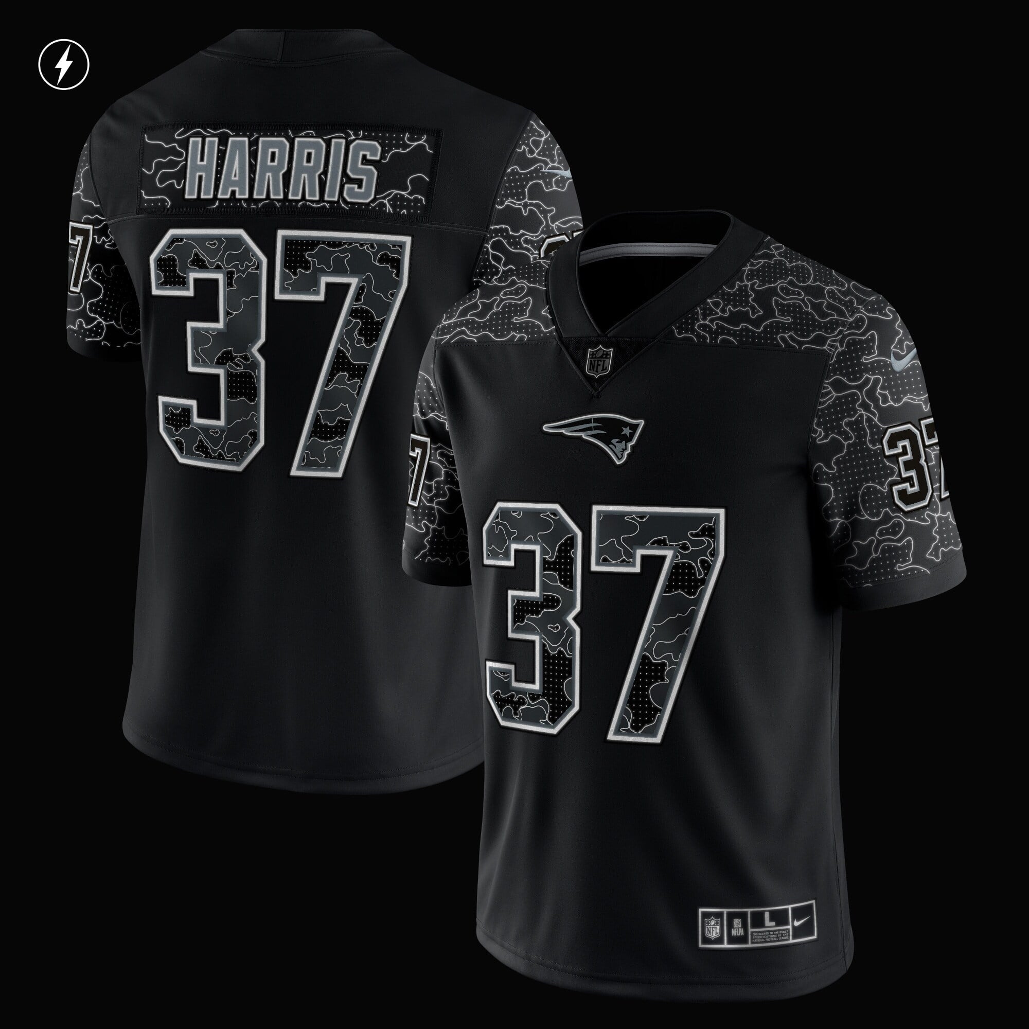 Men's Nike Damien Harris Black New England Patriots RFLCTV Limited Jersey
