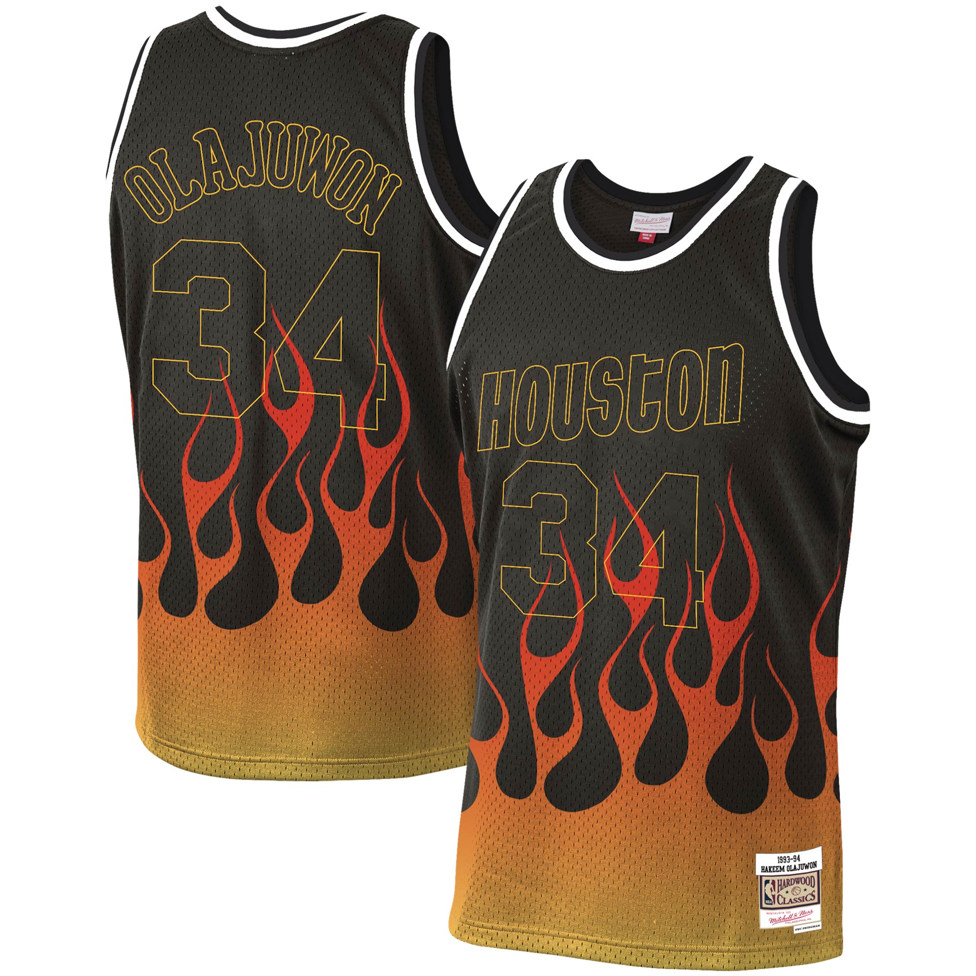 Hakeem Olajuwon Houston Rockets Mitchell & Ness 1993/94 Hardwood Classics Flames Swingman Jersey - Black