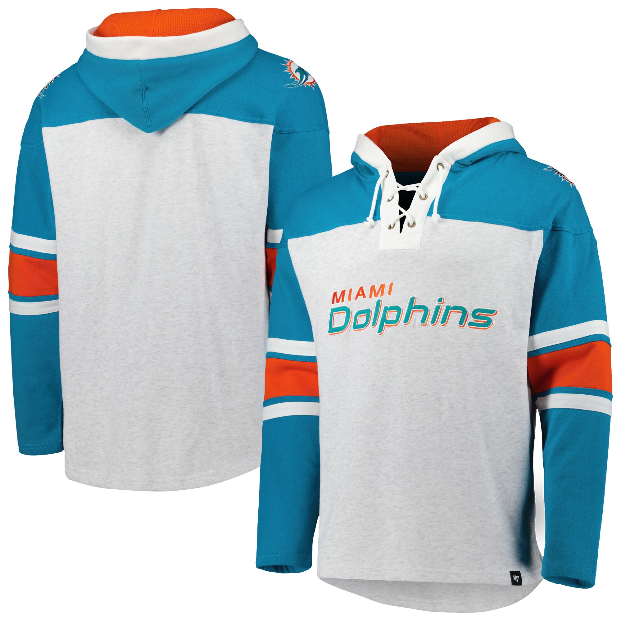 Miami Dolphins '47 Gridiron Lace-Up Pullover Hoodie - Heather Gray
