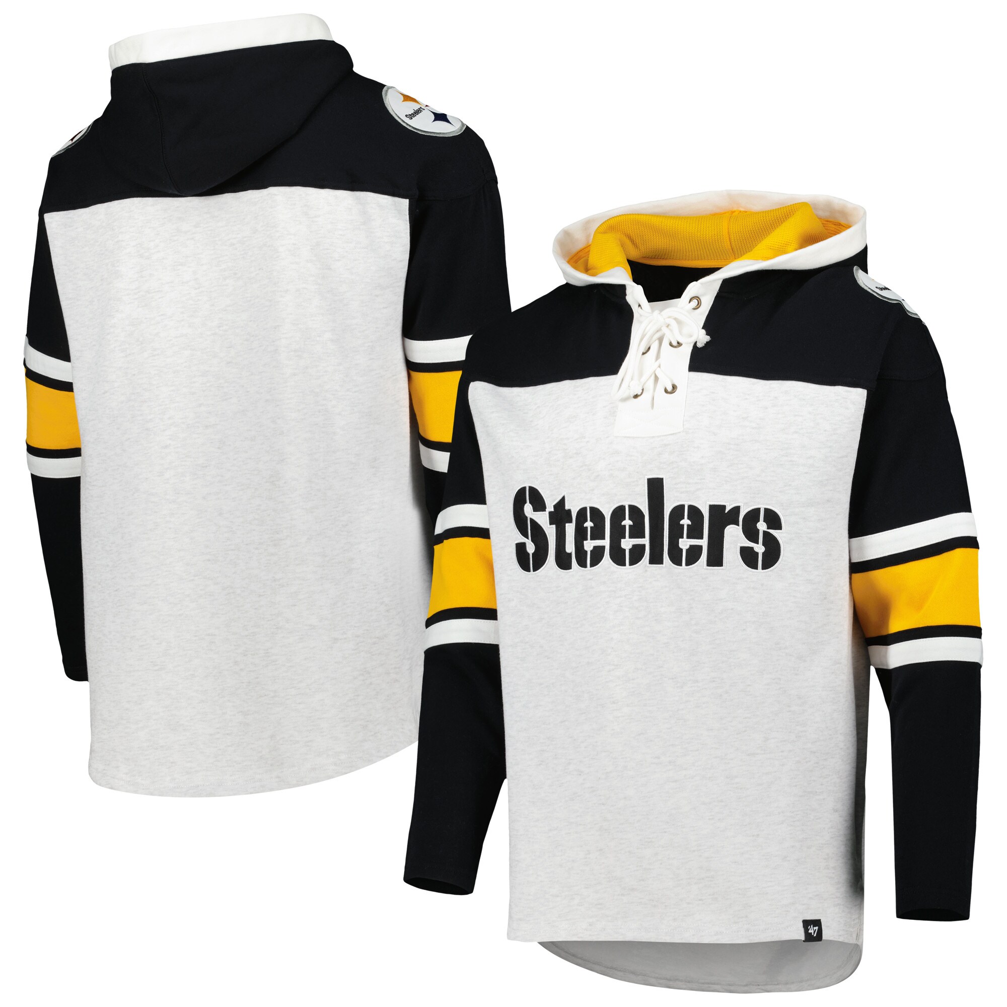 Pittsburgh Steelers '47 Gridiron Lace-Up Pullover Hoodie - Heather Gray