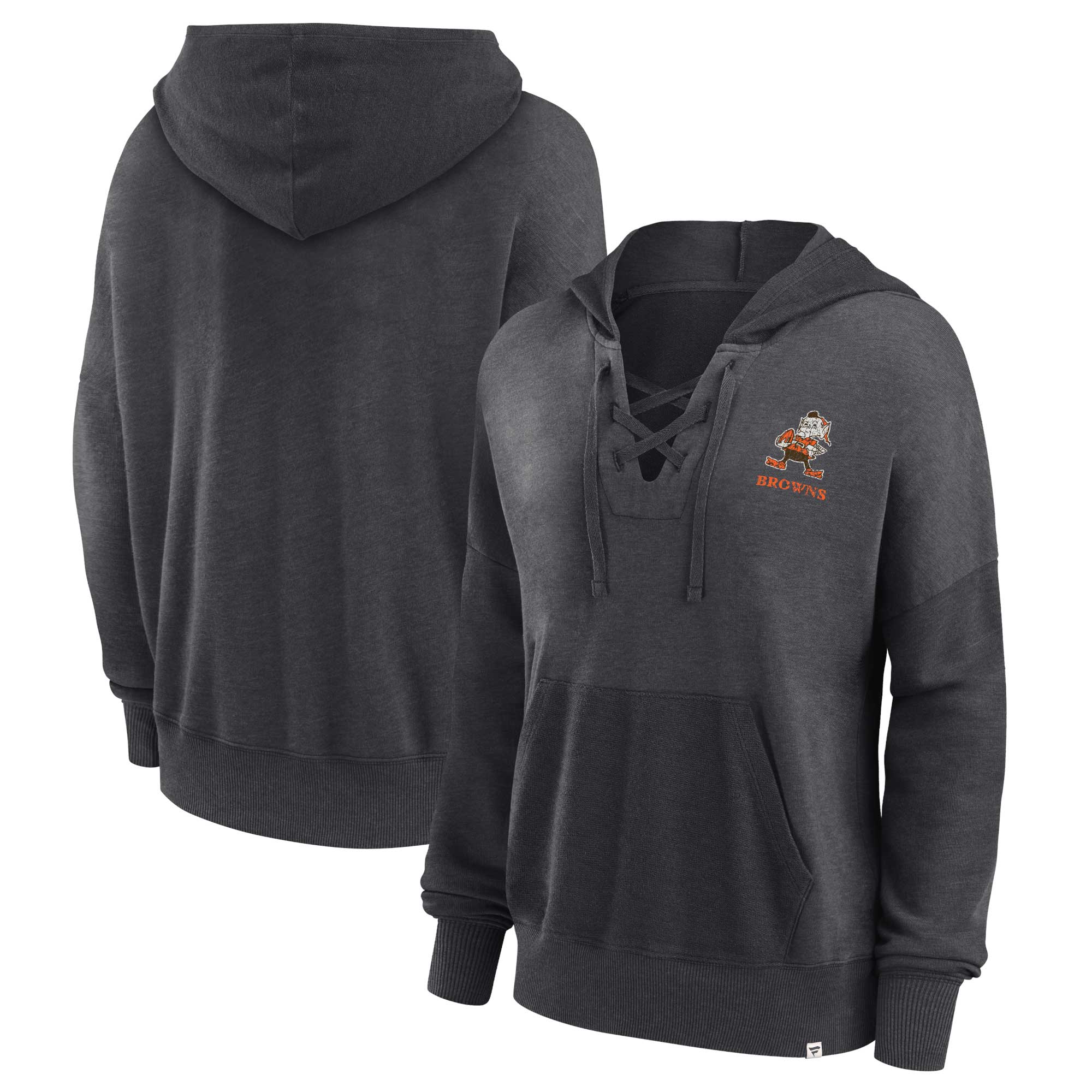 Cleveland Browns Fanatics Branded Women's Heritage Snow Wash French Terry Lace-Up Pullover Hoodie - Heather Charcoal