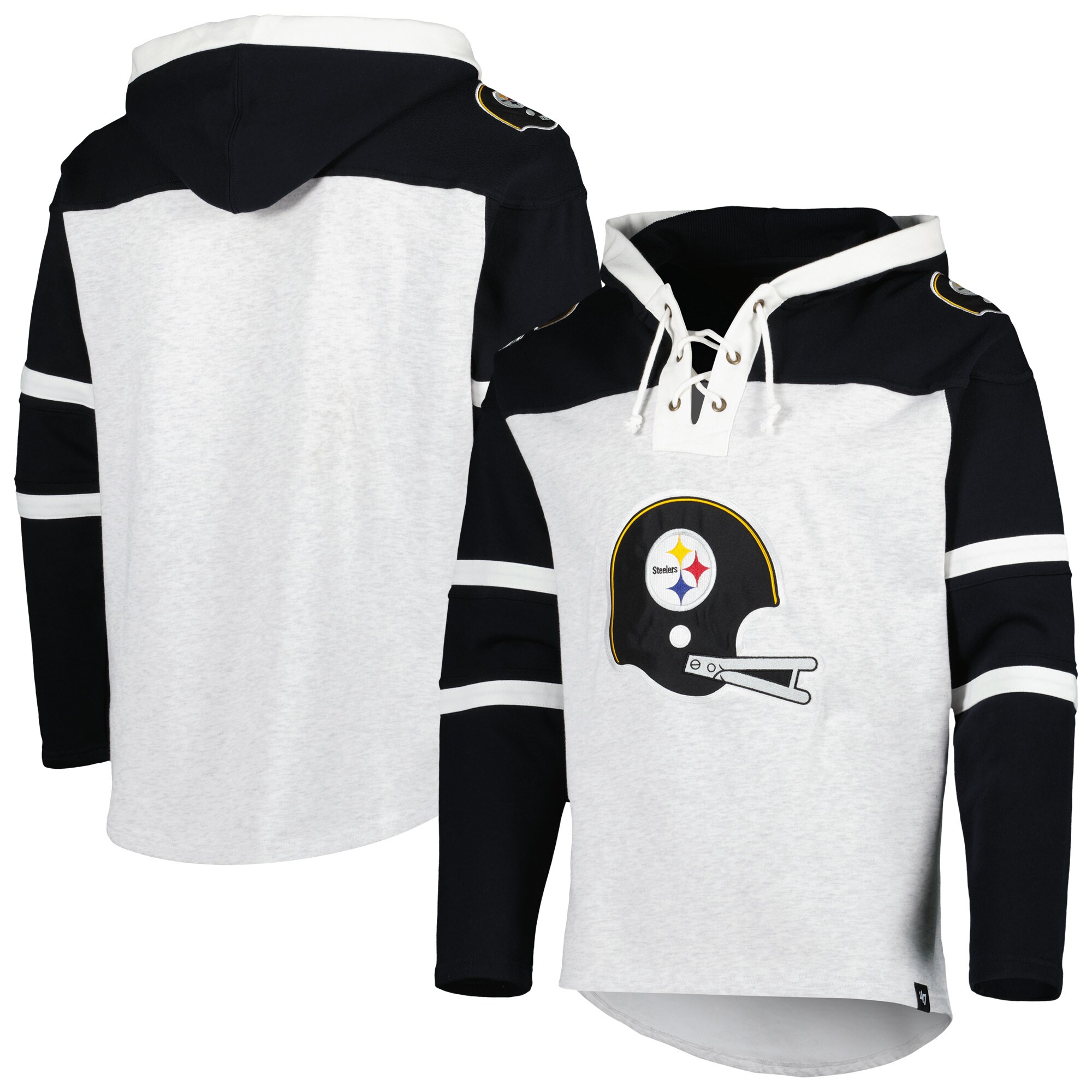 Pittsburgh Steelers '47 Historic Logo Gridiron Lace-Up Pullover Hoodie - Heather Gray