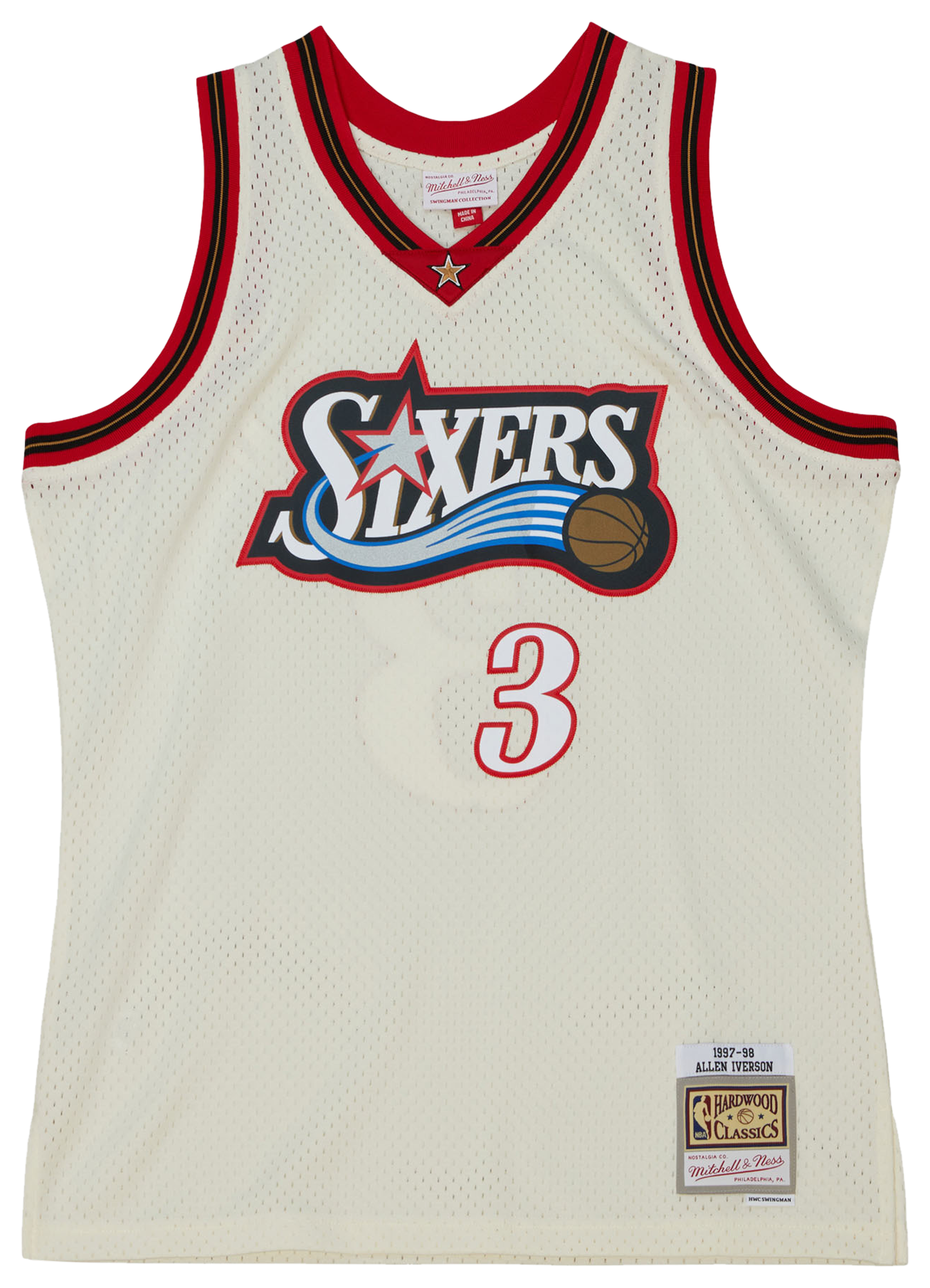 Men's Iverson Allen Mitchell & Ness 76ers Cream Jersey - Off-White