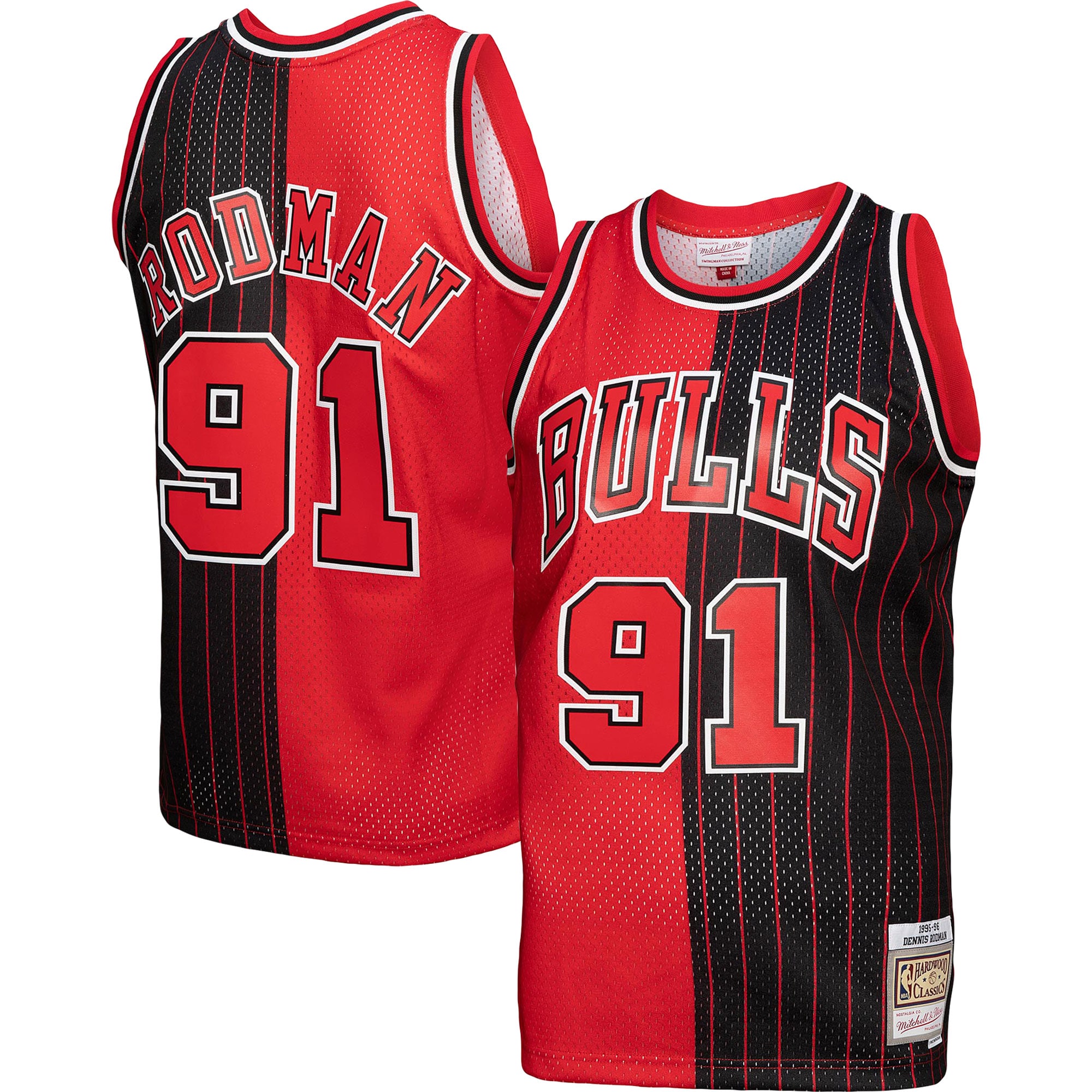 Dennis Rodman Chicago Bulls Mitchell & Ness Hardwood Classics 1995/96 Split Swingman Jersey - Red/Black