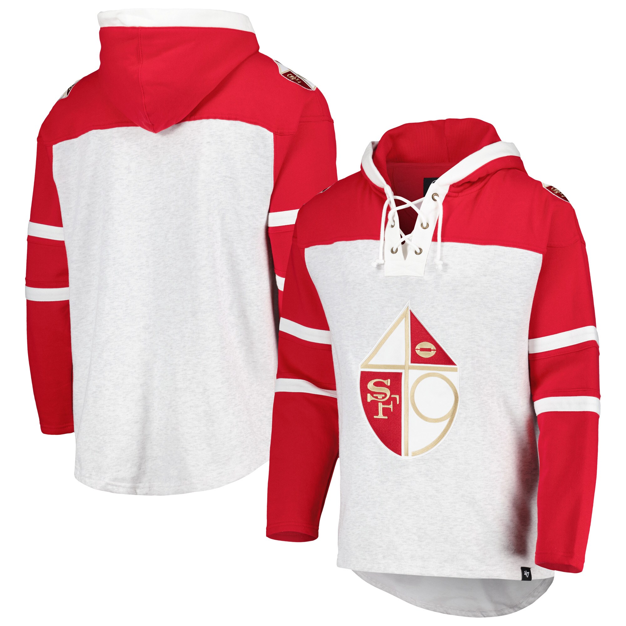 San Francisco 49ers '47 Historic Logo Gridiron Lace-Up Pullover Hoodie - Heather Gray