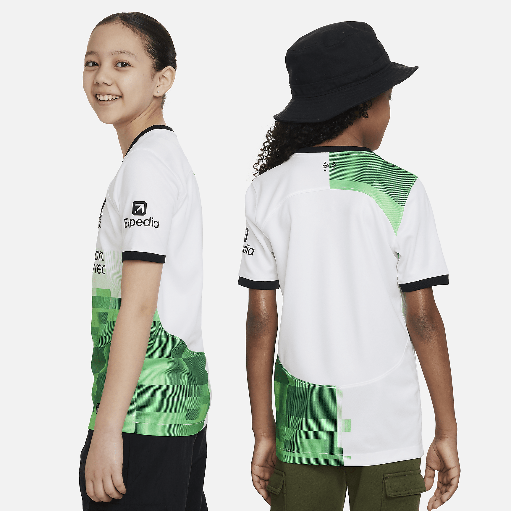Liverpool FC 2023/24 Stadium Away Big Kids' Nike Dri-FIT Soccer Jersey - White/Green Spark/Black