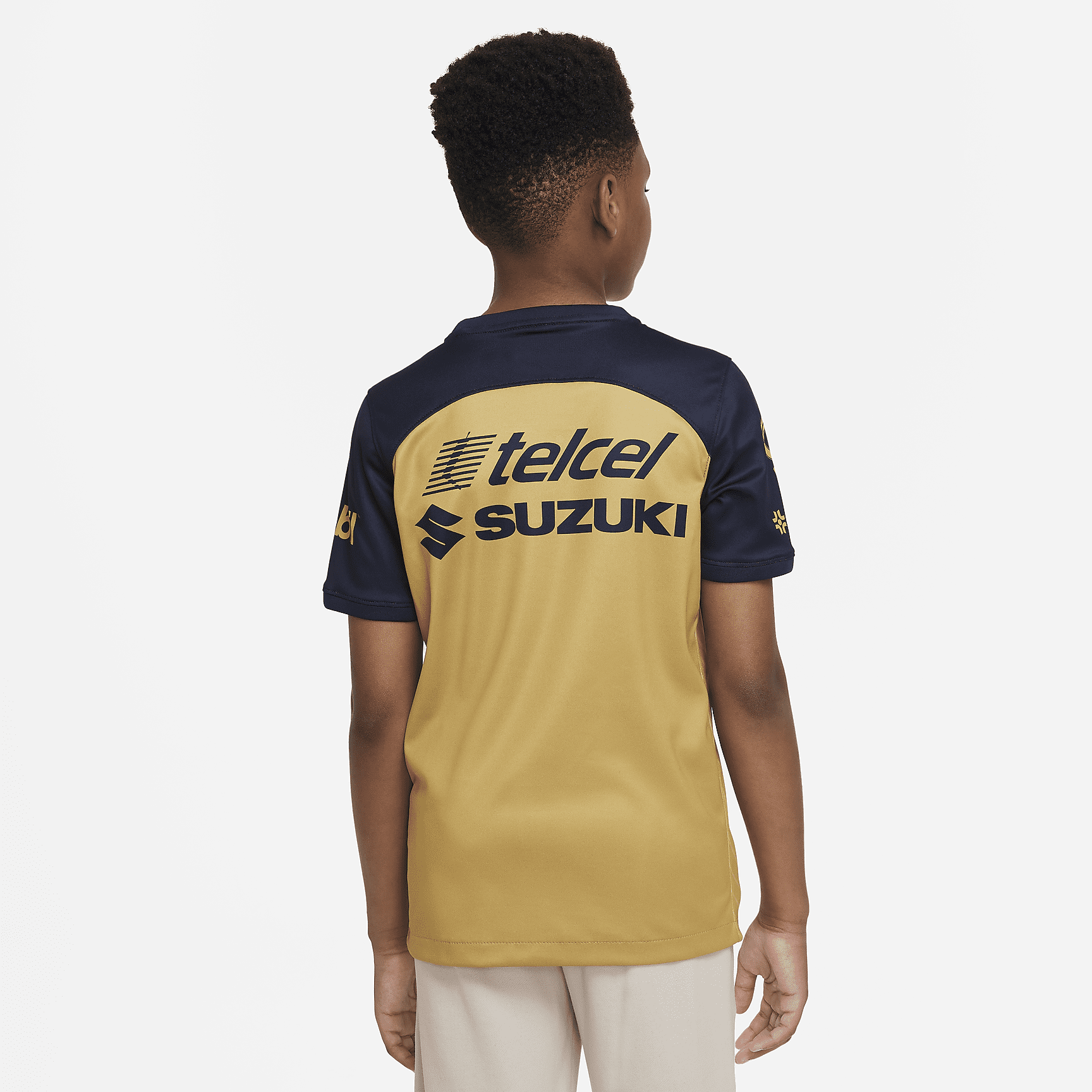 Pumas UNAM 2022/23 Stadium Away Big Kids' Nike Dri-FIT Soccer Jersey - Truly Gold/Obsidian/Obsidian