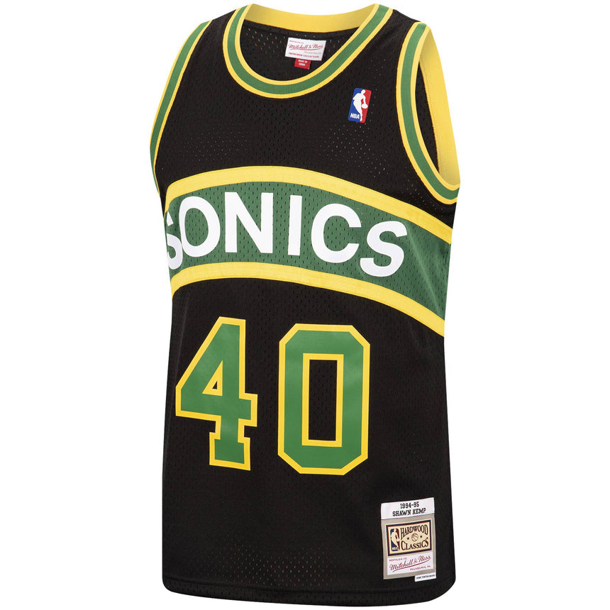 Men's Shawn Kemp Seattle SuperSonics Mitchell & Ness Black 1994-95 Hardwood Classics Reload Swingman Jersey