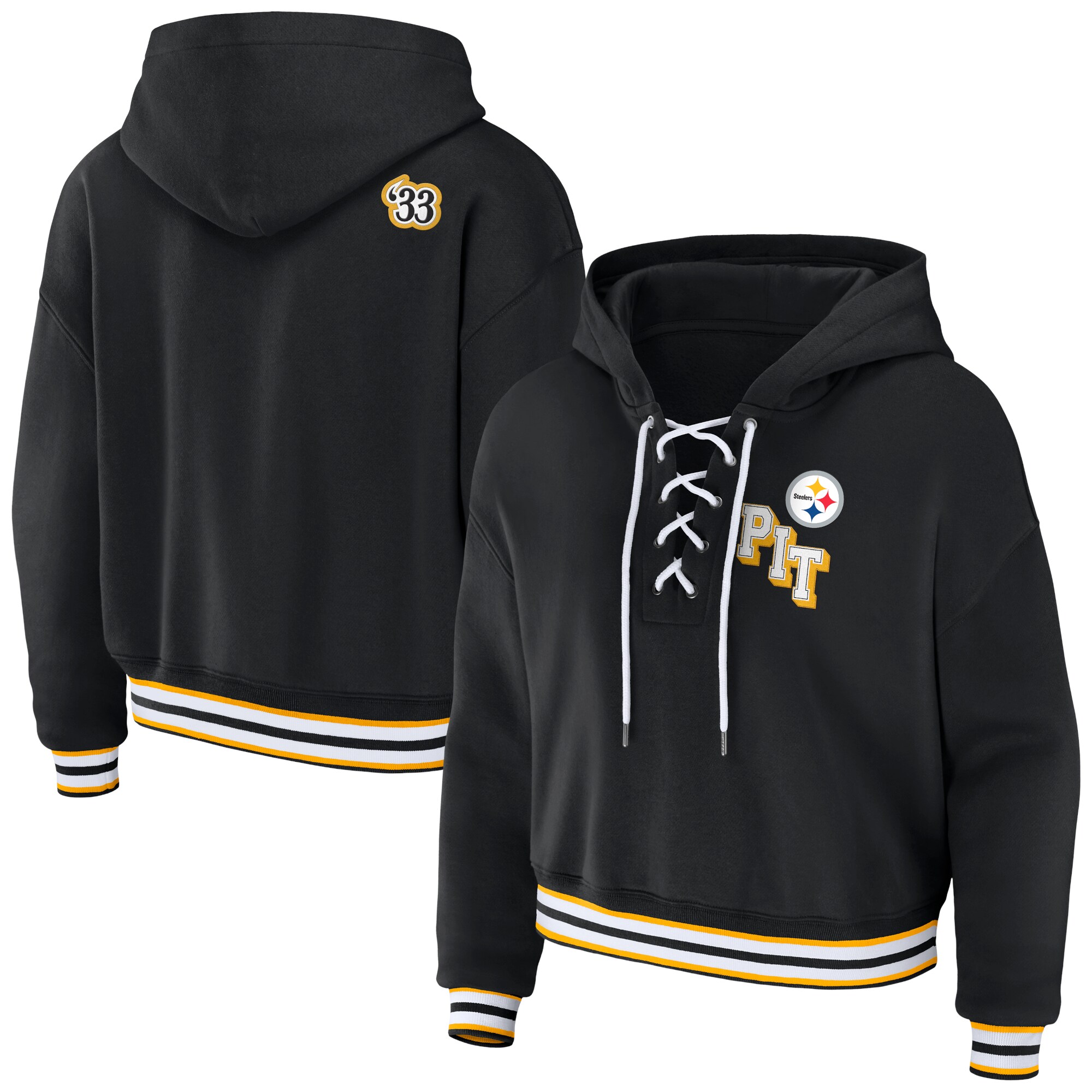 Pittsburgh Steelers WEAR by Erin Andrews Women's Lace-Up Pullover Hoodie - Black