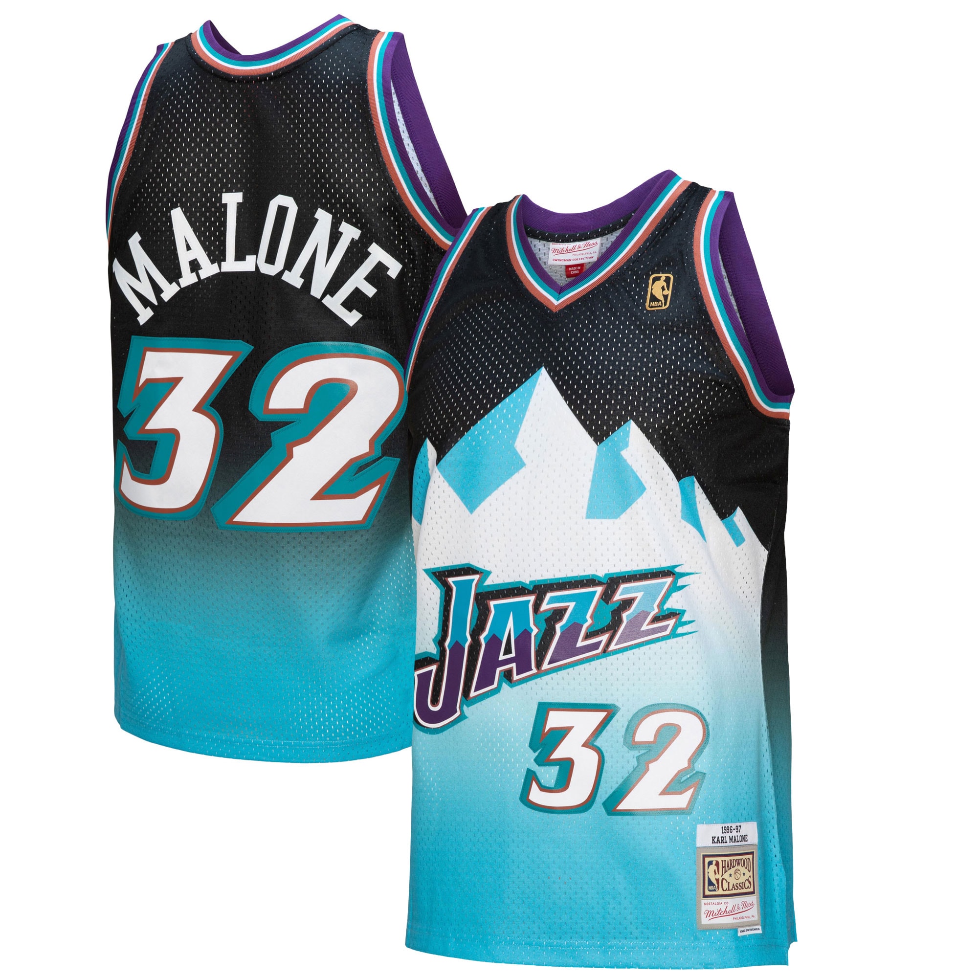 Karl Malone Utah Jazz Mitchell & Ness 1996/97 Hardwood Classics Fadeaway Swingman Player Jersey - Black/Light Blue