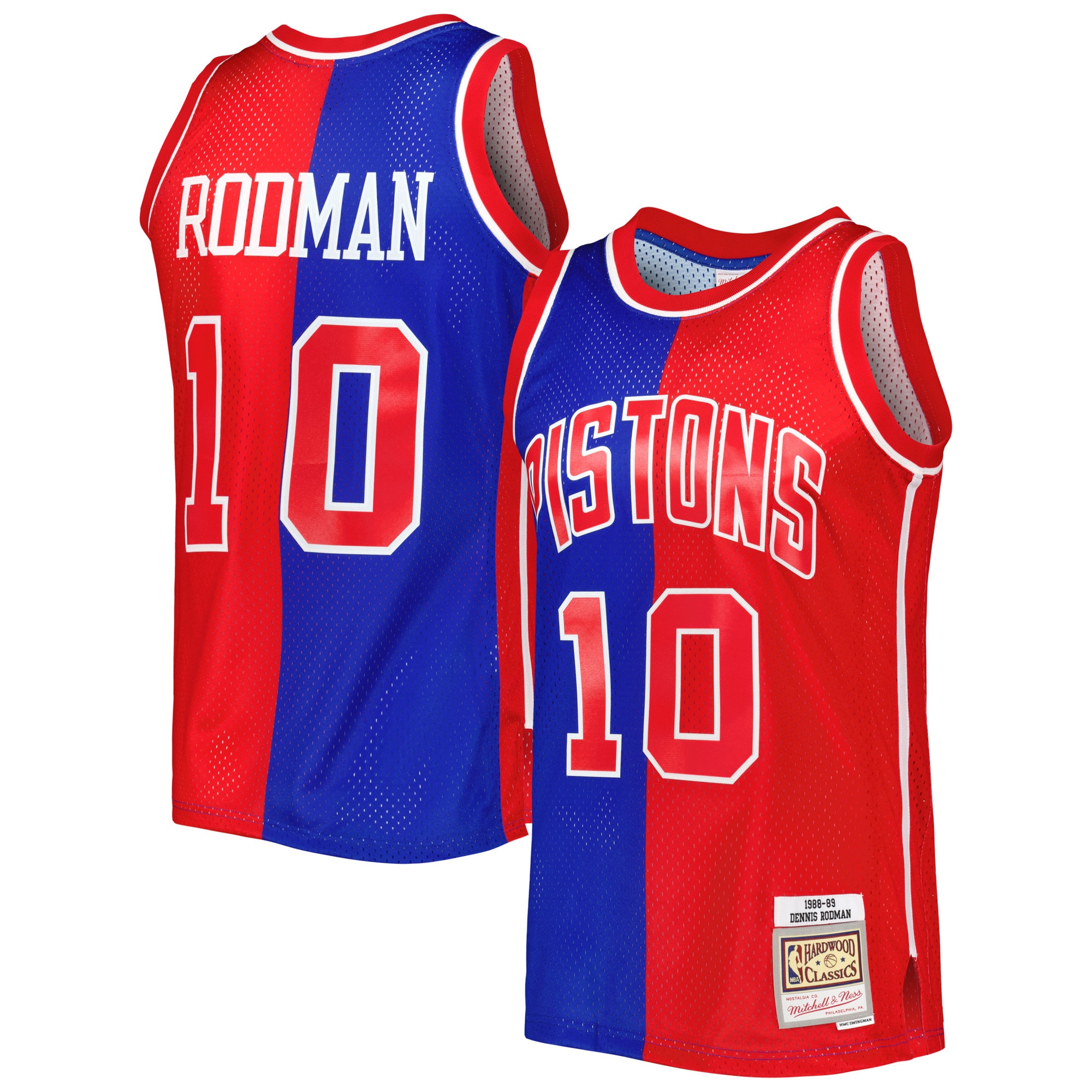 Dennis Rodman Detroit Pistons Mitchell & Ness Hardwood Classics 1988/89 Split Swingman Jersey - Blue/Red