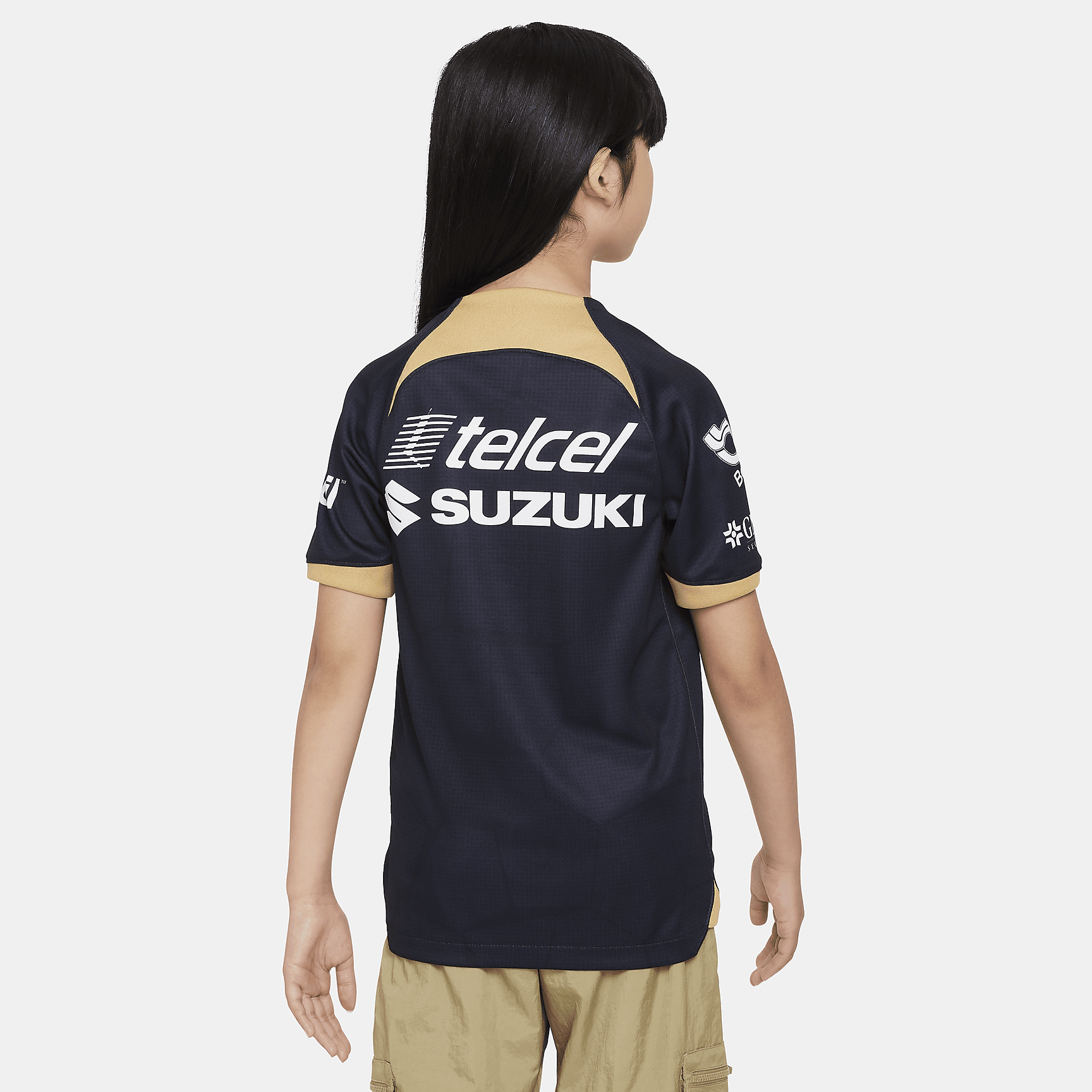 Pumas UNAM 2023/24 Stadium Away Big Kids' Nike Dri-FIT Soccer Jersey - Obsidian/Truly Gold/Truly Gold