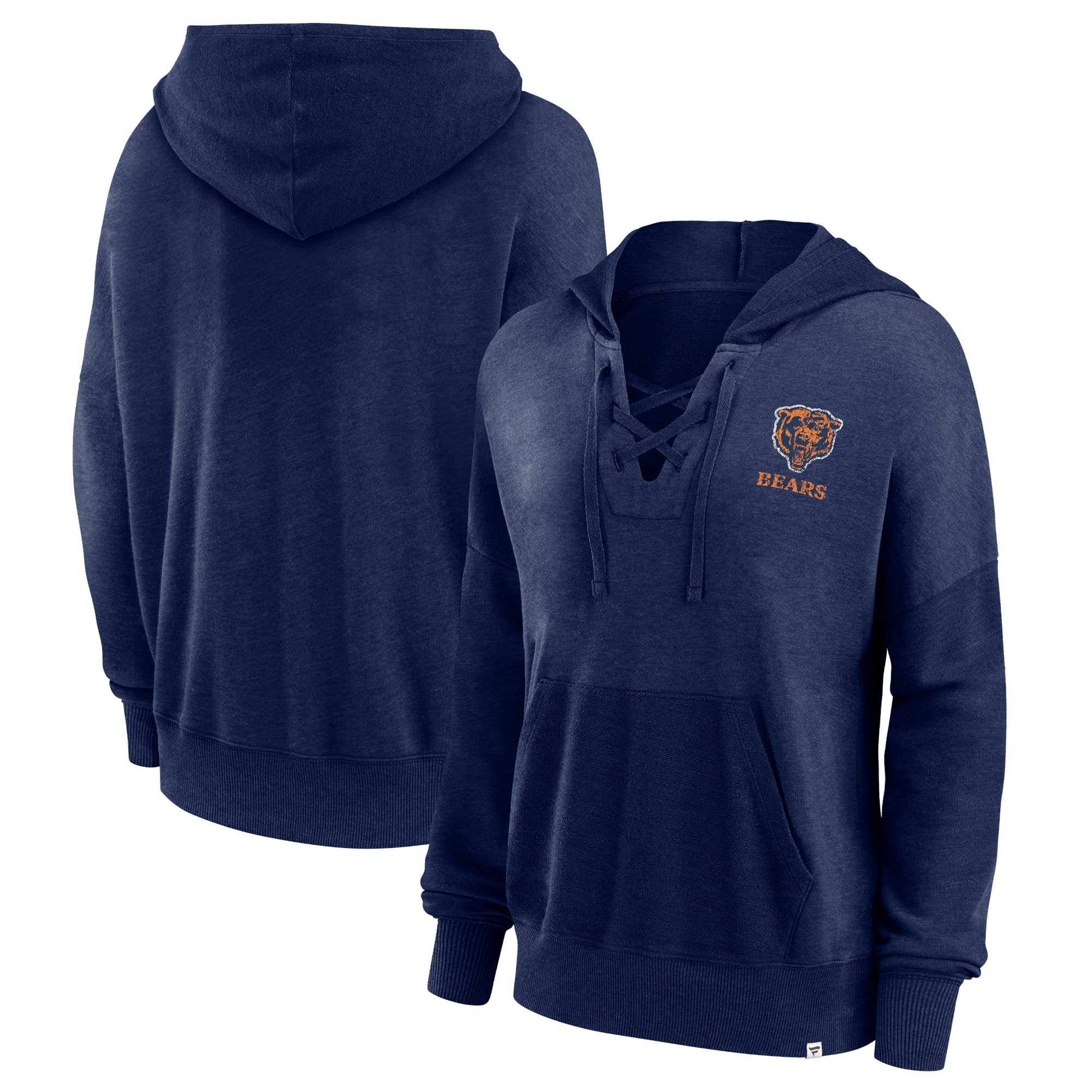 Chicago Bears Fanatics Branded Women's Heritage Snow Wash French Terry Lace-Up Pullover Hoodie - Navy