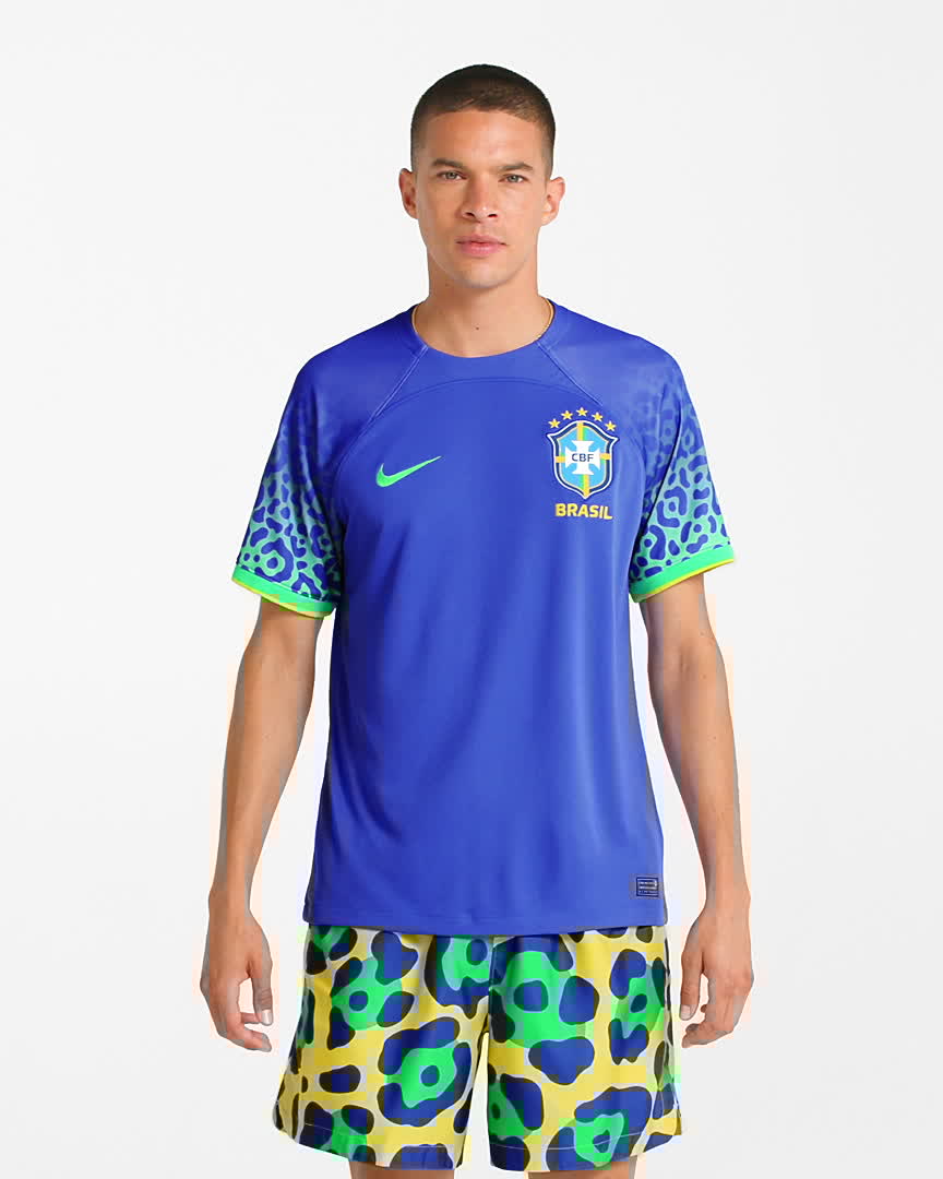 Brazil 2022/23 Stadium Away Men's Nike Dri-FIT Soccer Jersey - Paramount Blue/Green Spark/Dynamic Yellow/Green Spark