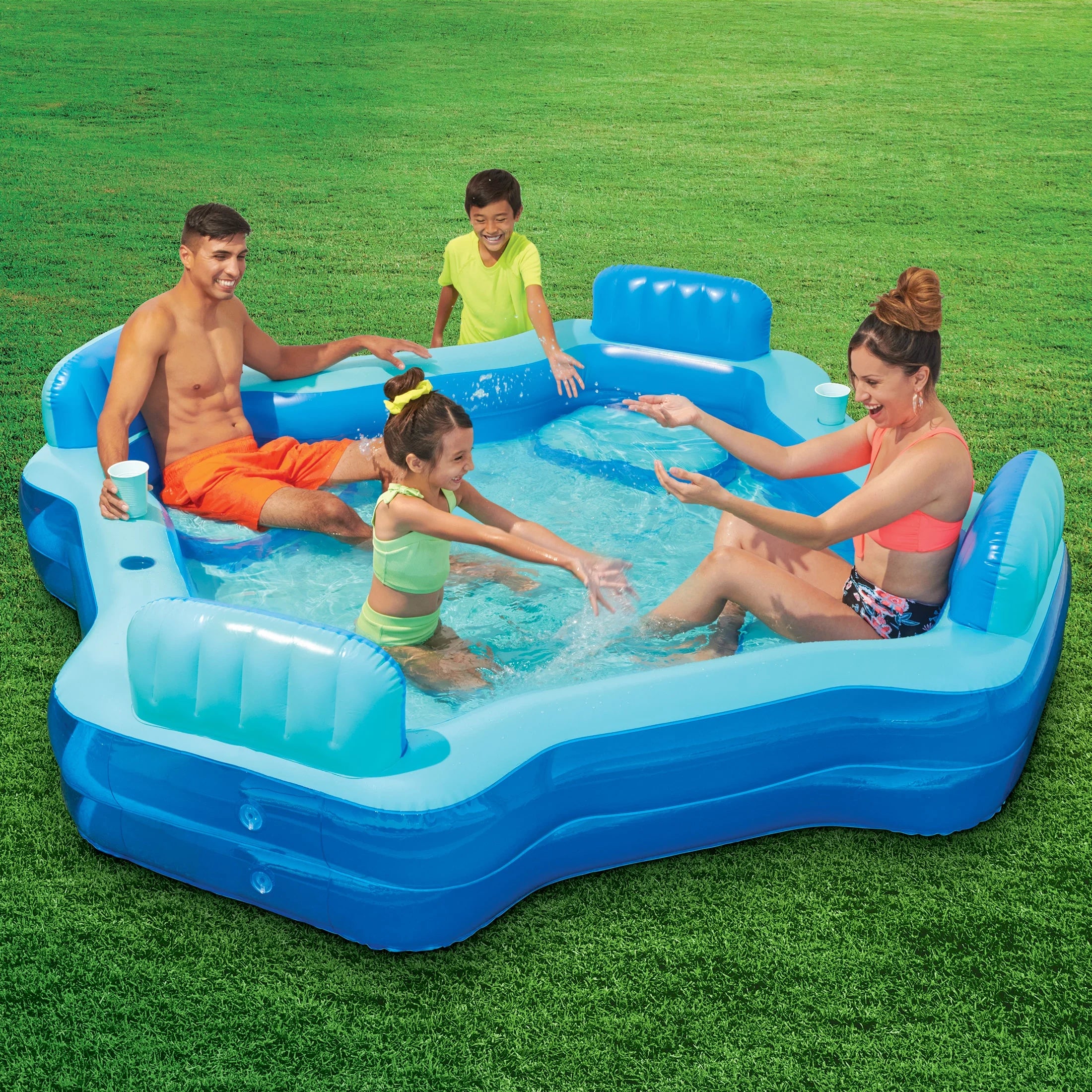 Bluescape Blue Deluxe Comfort Inflatable Family Swimming Pool, 4 Seats, Square, Age 6 & up