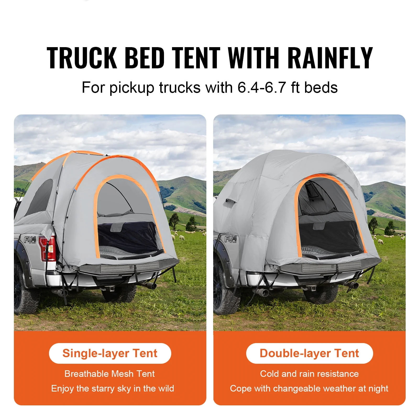 BENTISM Truck Tent 6.4'-6.7' Waterproof Spacious Pickup Truck Bed Tent with Rainfly Carry Bag for Camping Traveling Outdoor