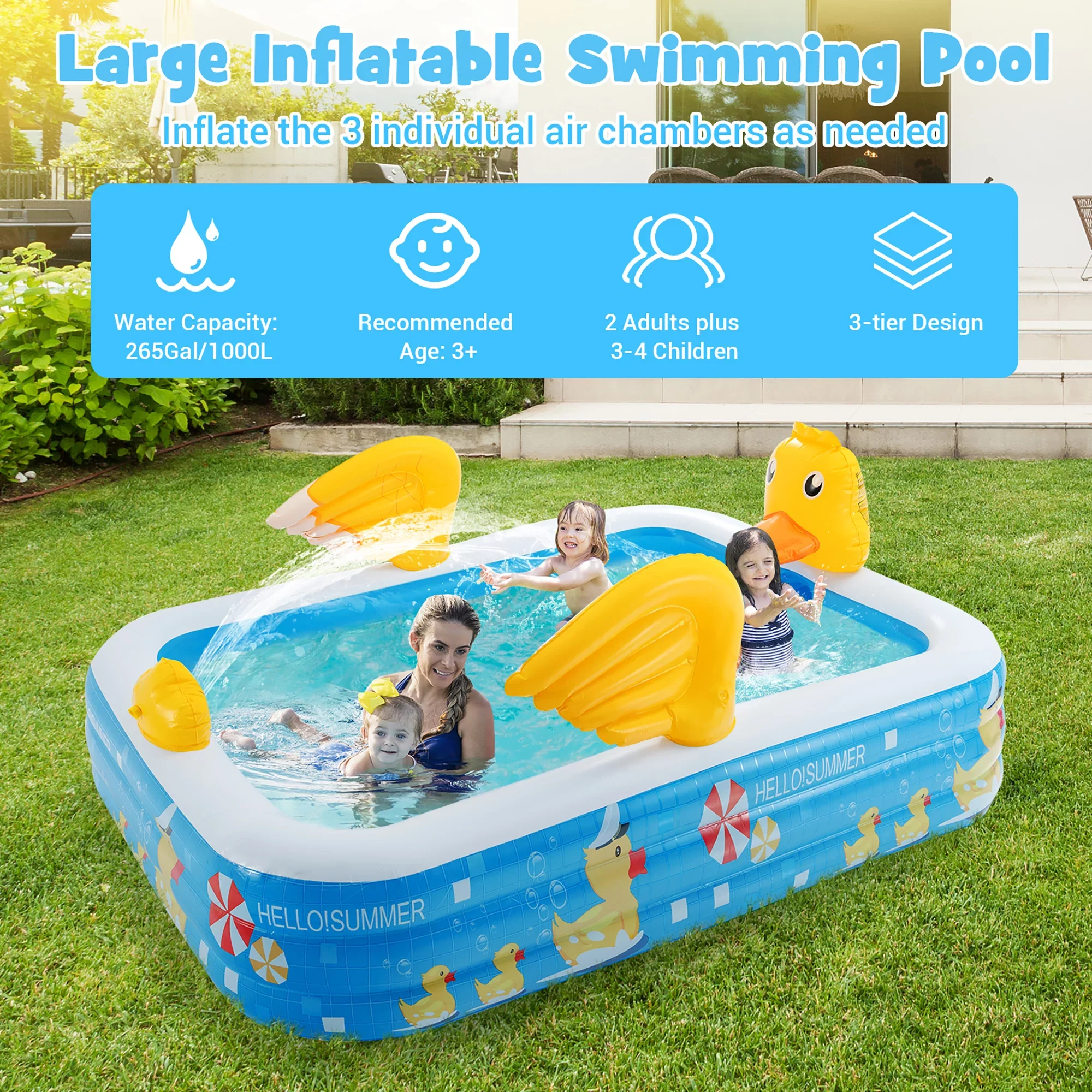 Costway Inflatable Swimming Pool Duck Themed Kiddie Pool w/ Sprinkler for Age 3+