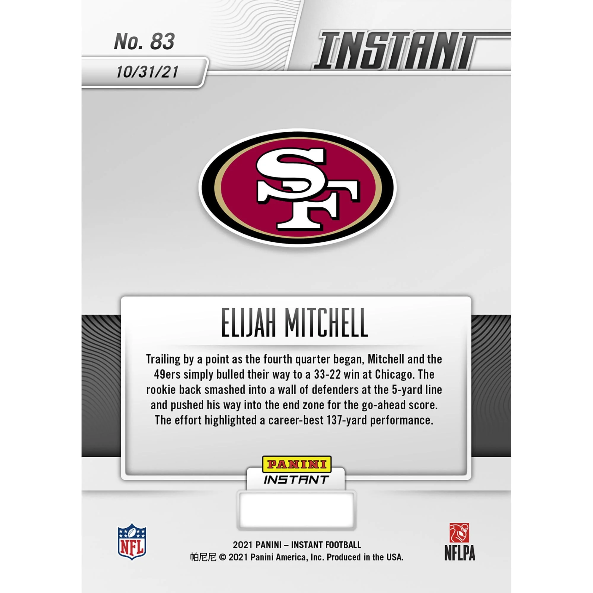 Eli Mitchell San Francisco 49ers Fanatics Exclusive Parallel Panini Instant NFL Week 8 137 Yards & a Touchdown Single Trading Card - Limited Edition of 99