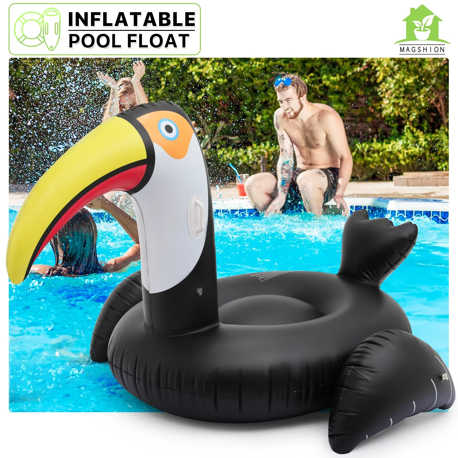 Magshion Giant Toucan Inflatable Ride On Pool Float, Blow Up Pool Floatie with Dual Handles, Swimming Floating Raft, Summer Party Decoration Toys for Kids Adults, Black