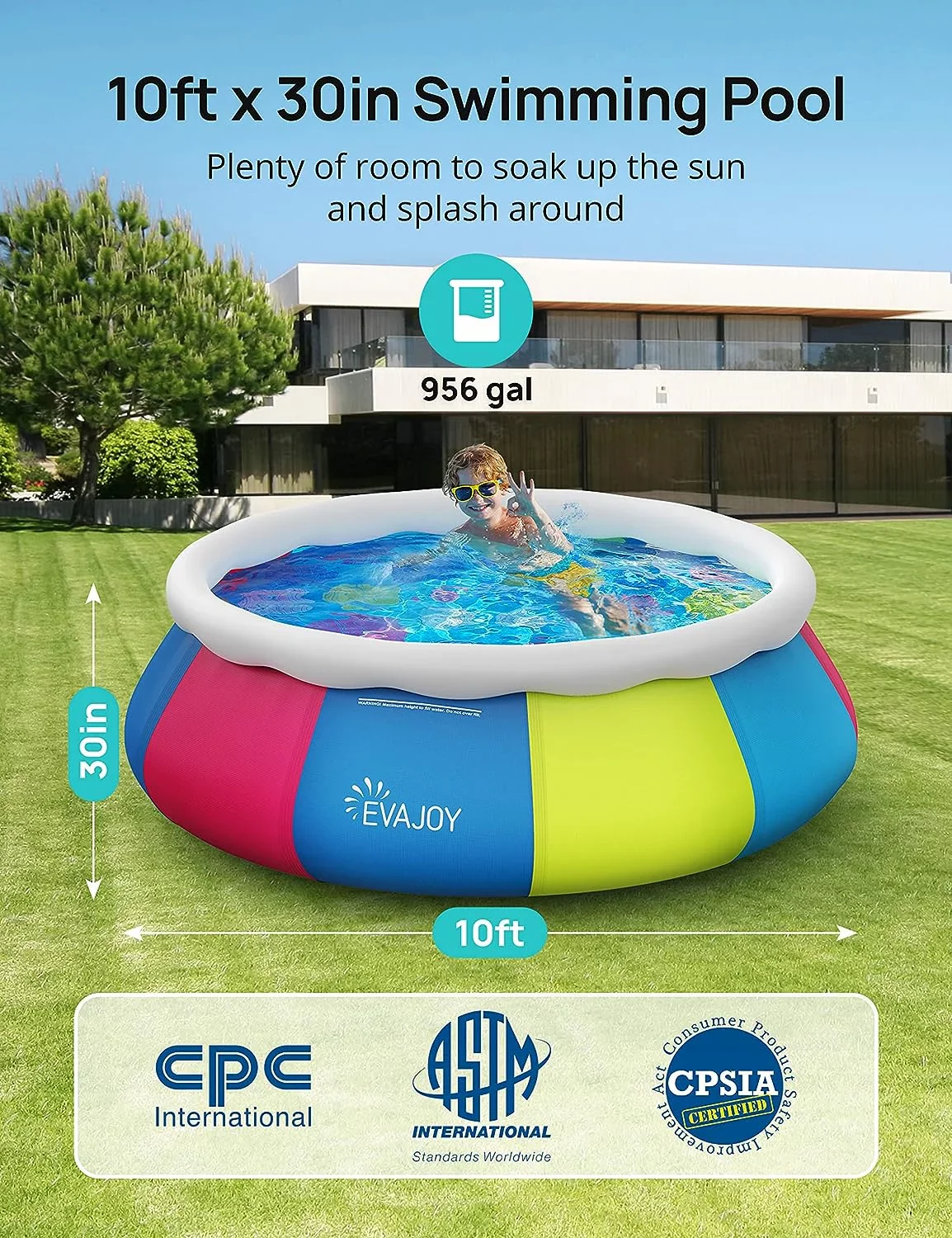 EVAJOY 10ft × 30in Easy Set Inflatable Swimming Pool with Pool Cover - Perfect Above Ground Pool for Family Fun in Your Backyard Garden