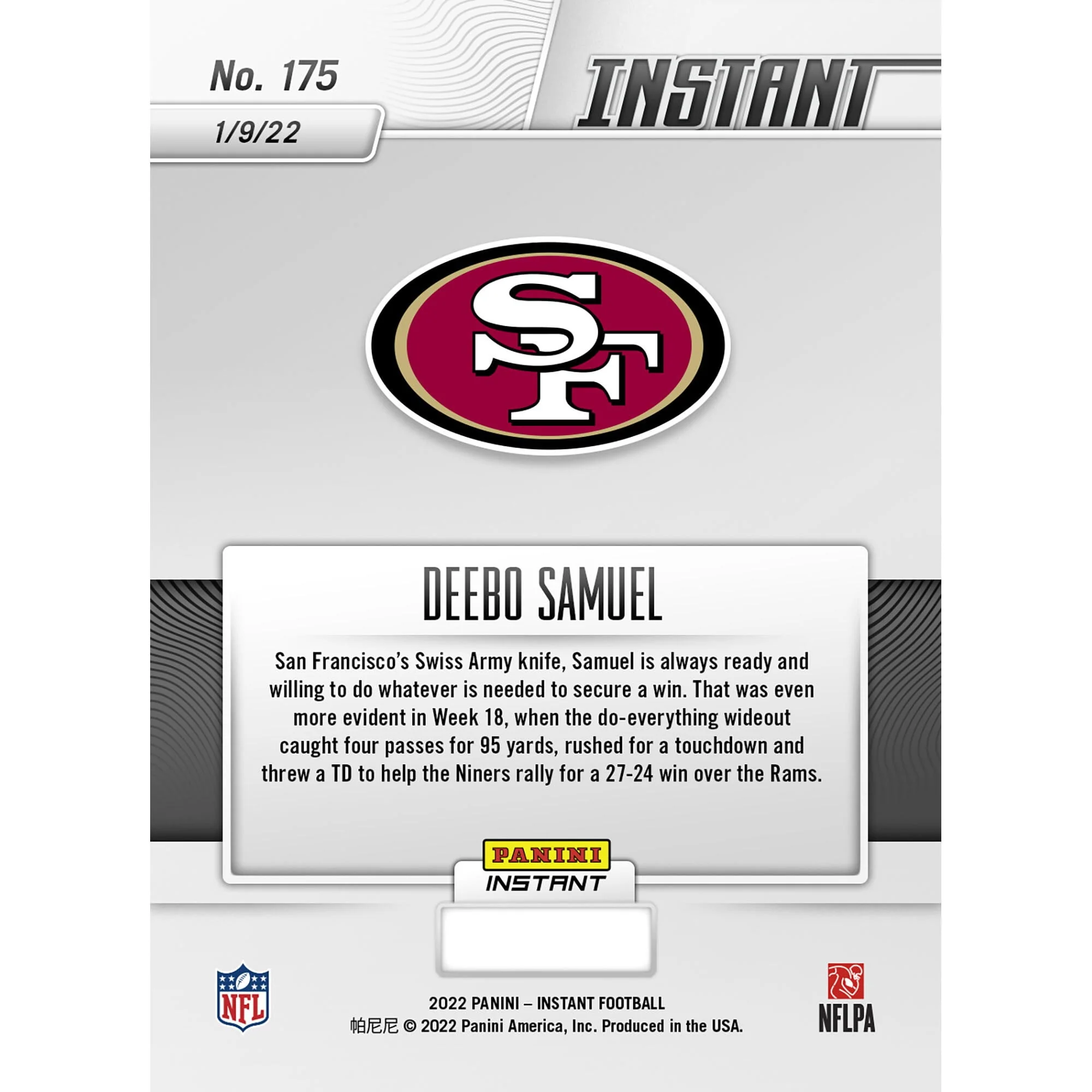 Deebo Samuel San Francisco 49ers Fanatics Exclusive Parallel Panini Instant NFL Week 18 Samuel Does it All as 49ers