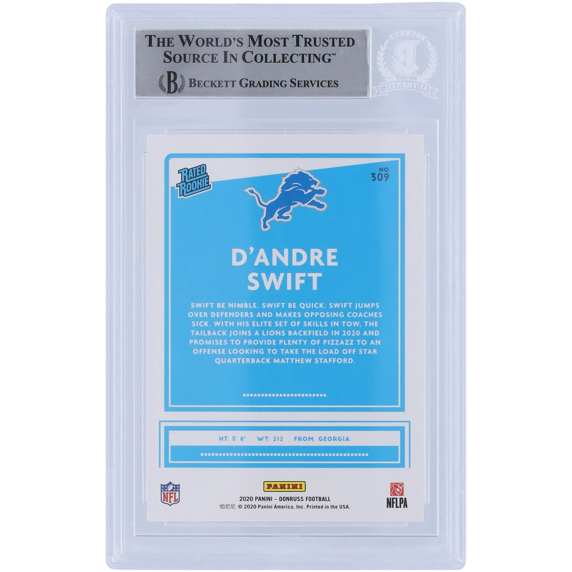 D'Andre Swift Detroit Lions Autographed 2020 Panini Donruss Rated Rookie #309 Beckett Fanatics Witnessed Authenticated