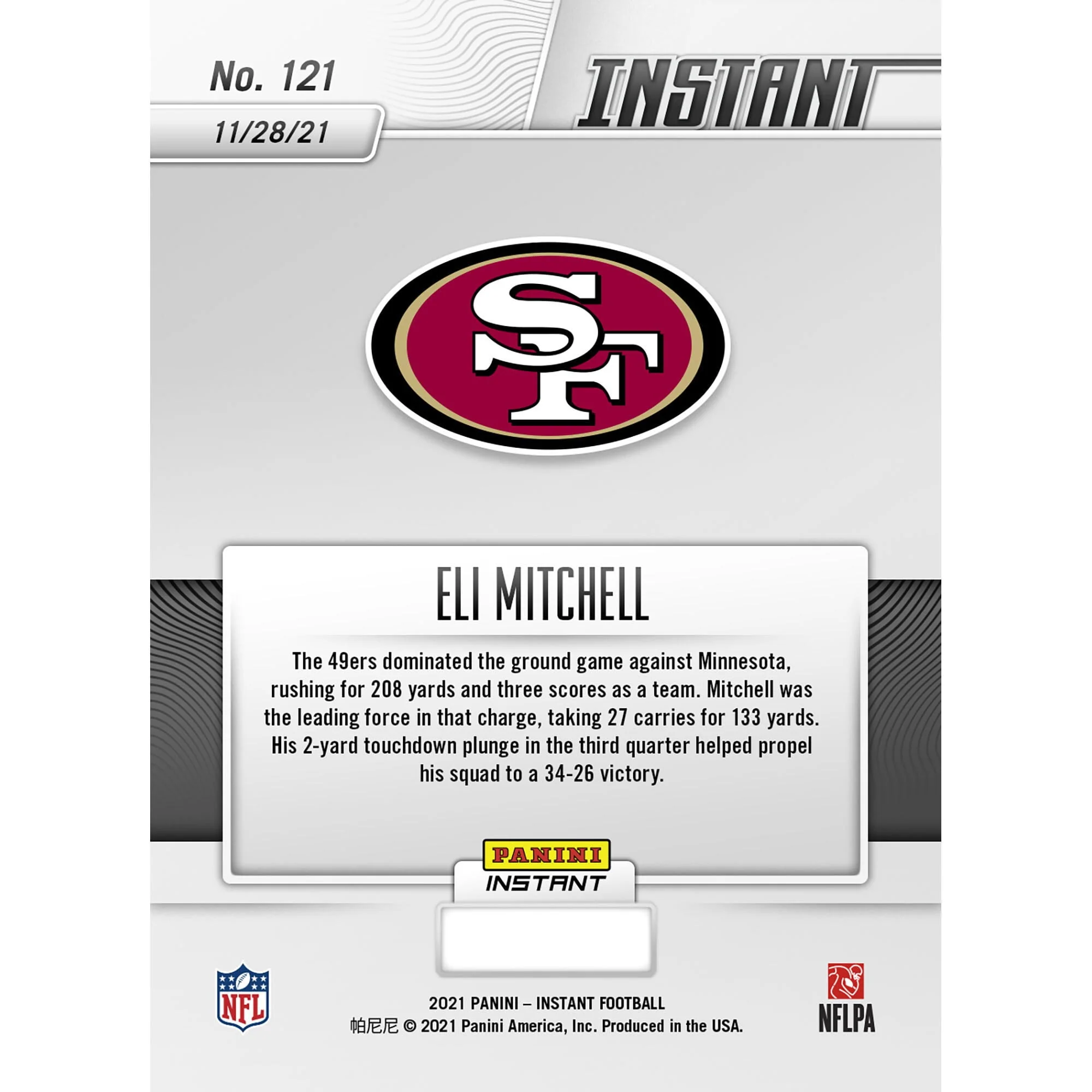 Elijah Mitchell San Francisco 49ers Fanatics Exclusive Parallel Panini Instant NFL Week 12 Mitchell Runs for 133 Yards