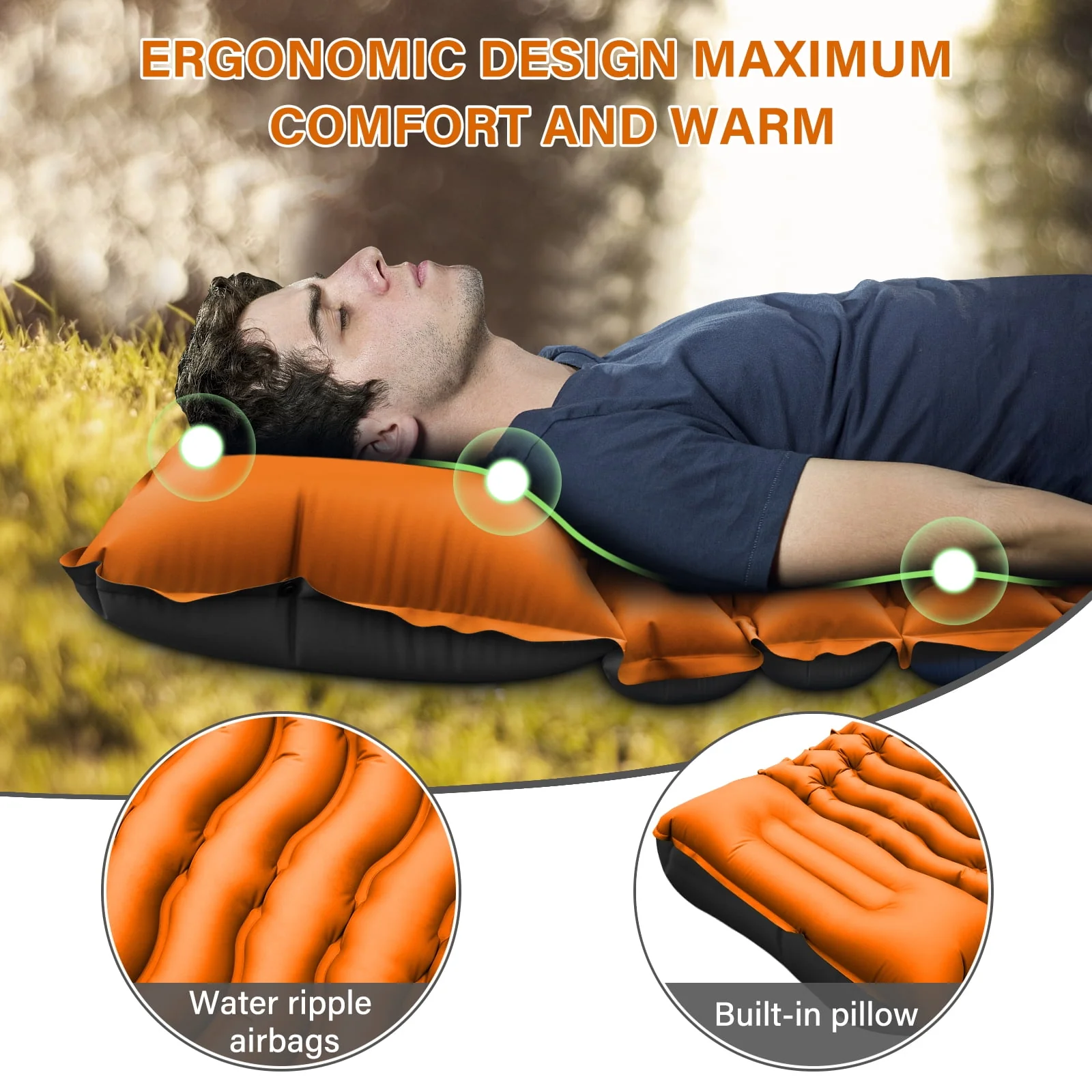 Camping Sleeping Pad Extra Thick Durable Camping Inflatable Mat with Air Pillow for Backpacking Hiking Traveling, Orange
