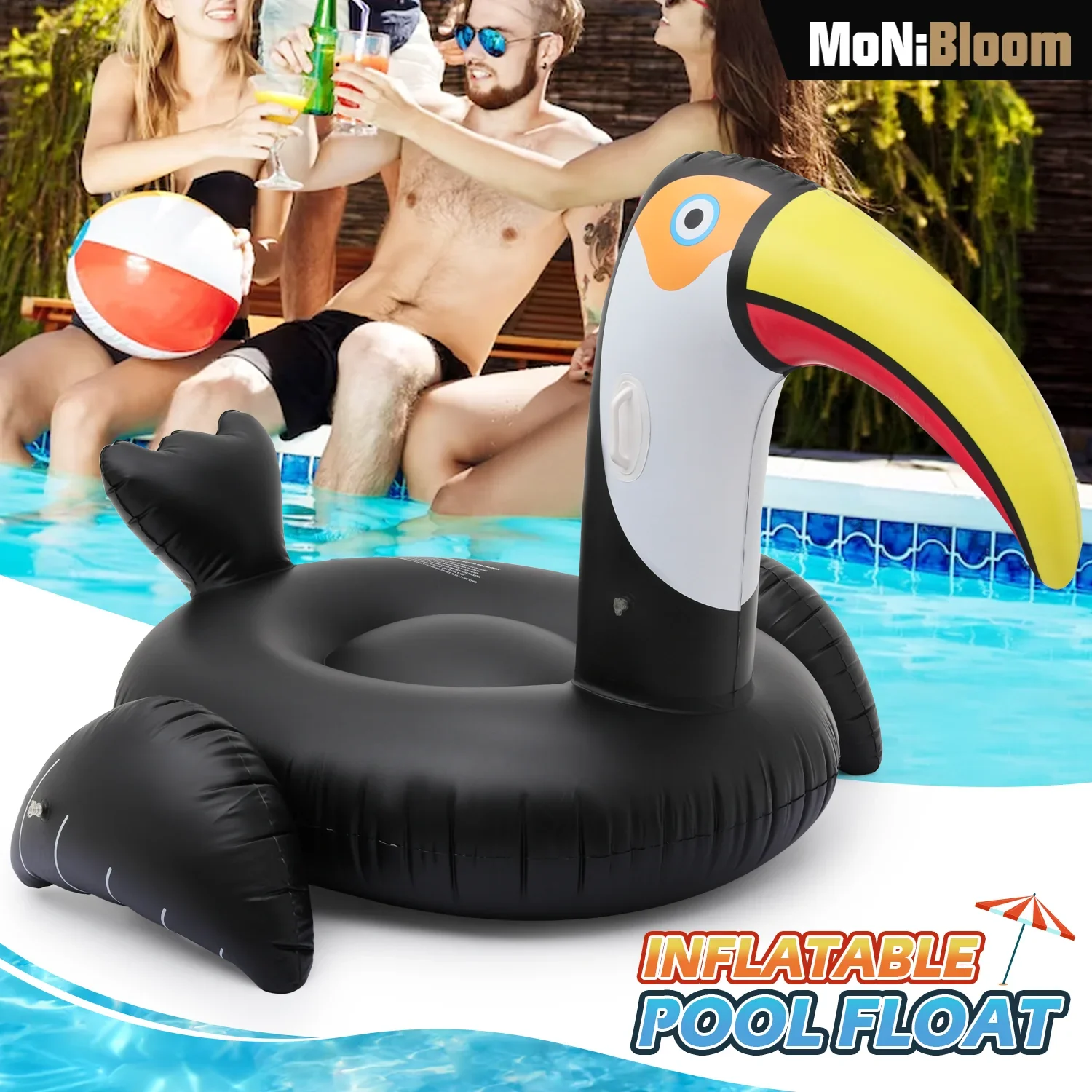 MoNiBloom Giant Toucan Inflatable Ride On Pool Float, Blow Up Pool Floatie with Dual Handles, Swimming Floating Raft, Summer Party Decoration Toys for Kids Adults, Black