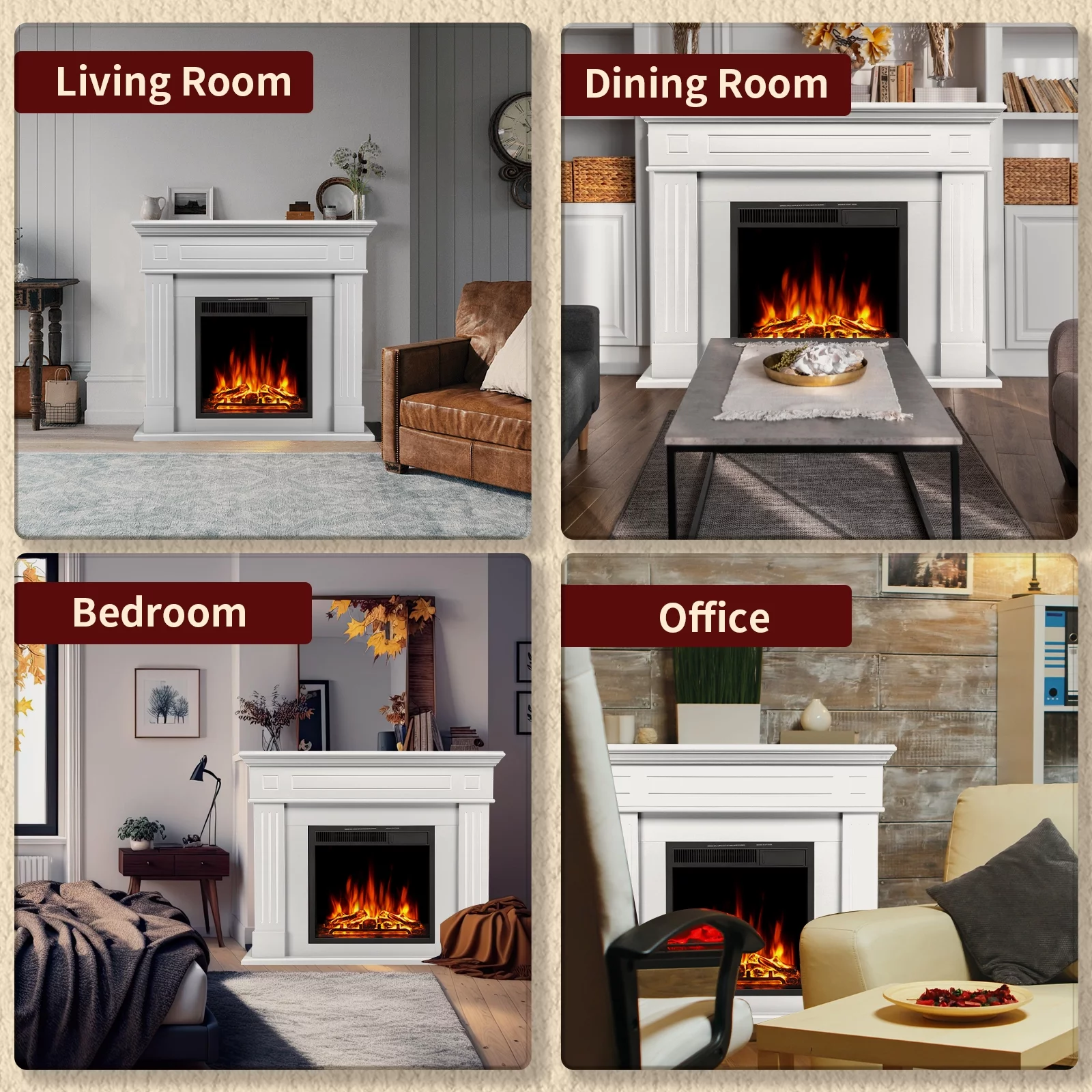 LHRIVER Freestanding Wooden Frame Fireplace with TV Stand, Electric Fireplace Mantel Heater, Various Brightness & Realistic Flames & Remote Control, Home/Office/Cafe,750W-1500W, White