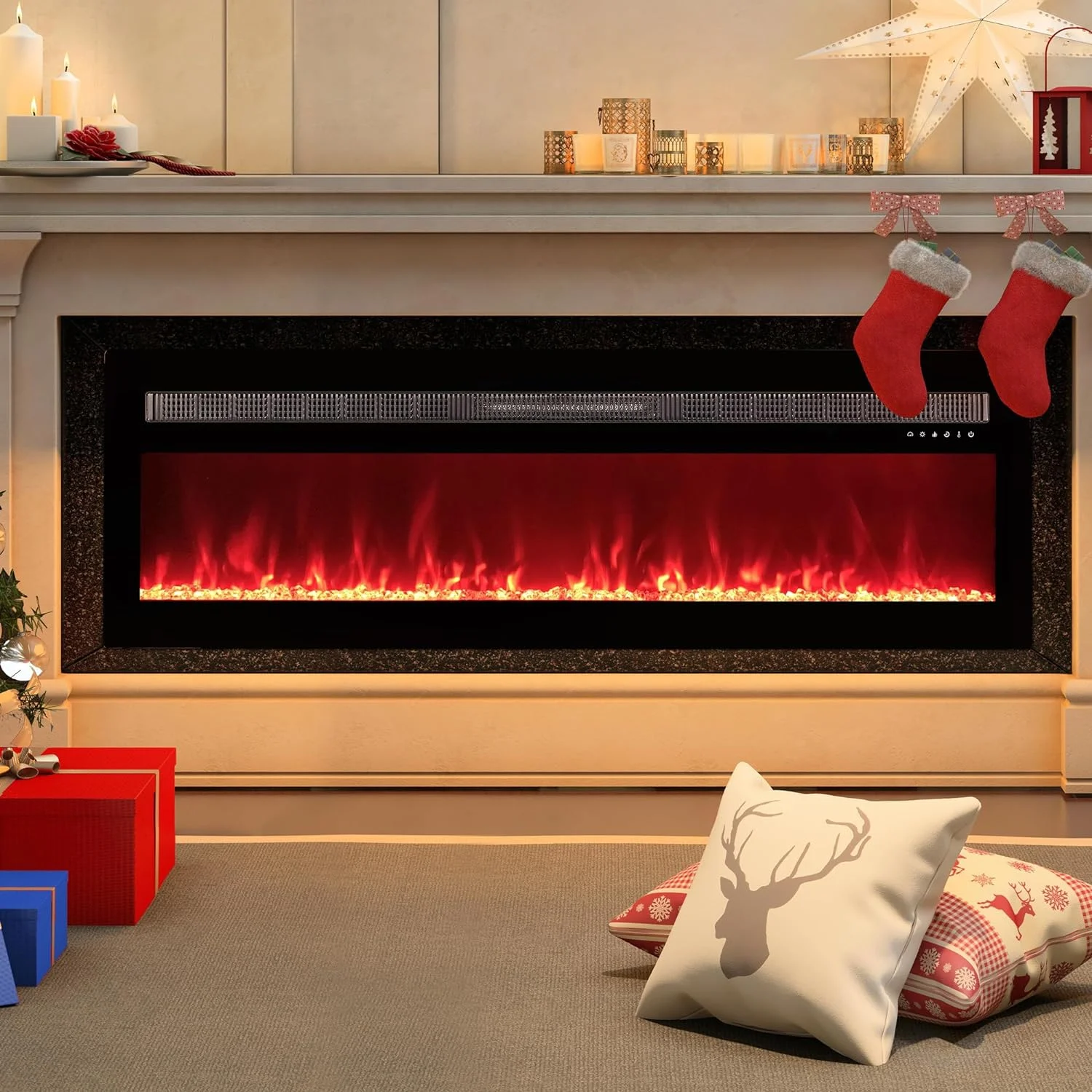 Royalcraft 50 Inch Recessed and Wall Mounted Electric Fireplace, Low Noise Fireplace Heater with 20 Multicolor Flames and 8h Timer, 1400W Heater with Touch Screen and Remote Control, Black