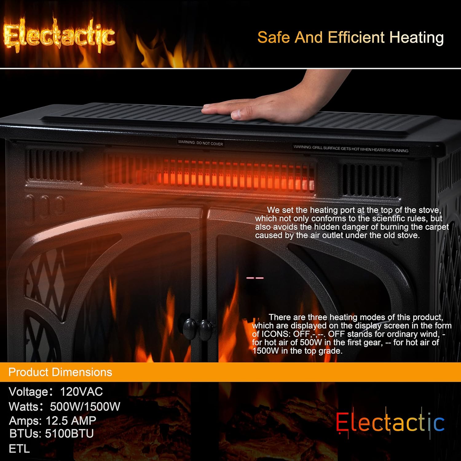 Electactic 24Inch Electric Fireplace Stove , Free-Standing Infrared Fireplace Stove, Controllable 3D Flame, 4 Variable Flame&Log Colors, 1500w, 5100BTU, Black (S230B-BLACK), 23.5L X 10.7W X 24.3H