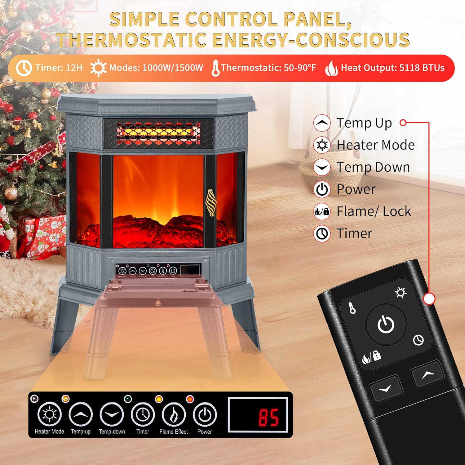 Electric Fireplace Heater 22 in Freestanding Fireplace Stove Infrared Fireplace RealSmart with 3D Flame Effect Remote Control, Timer, Overheating Protection Heater for Indoor Use Black