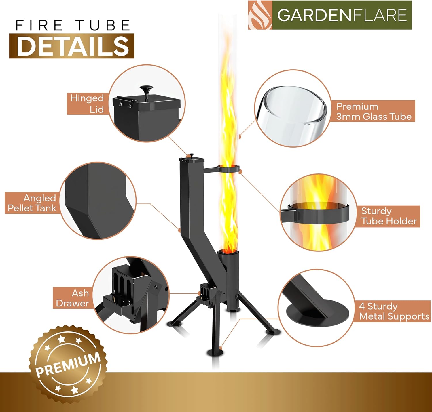 GARDENFLARE Smokeless Fire Pit - Outdoor Wood Pellet Fire Tube Stainless Steel firepit for Ambience Fire on Your Backyard, Patio, Porch & Garden (Matte Black, Classic)