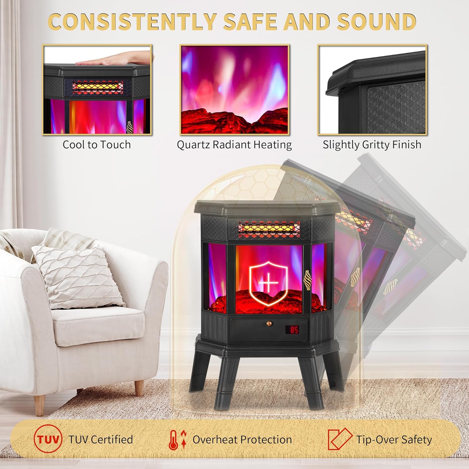 Electric Fireplace Heater 22 in Freestanding Fireplace Stove Infrared Fireplace RealSmart with 3D Flame Effect Remote Control, Timer, Overheating Protection Heater for Indoor Use Black