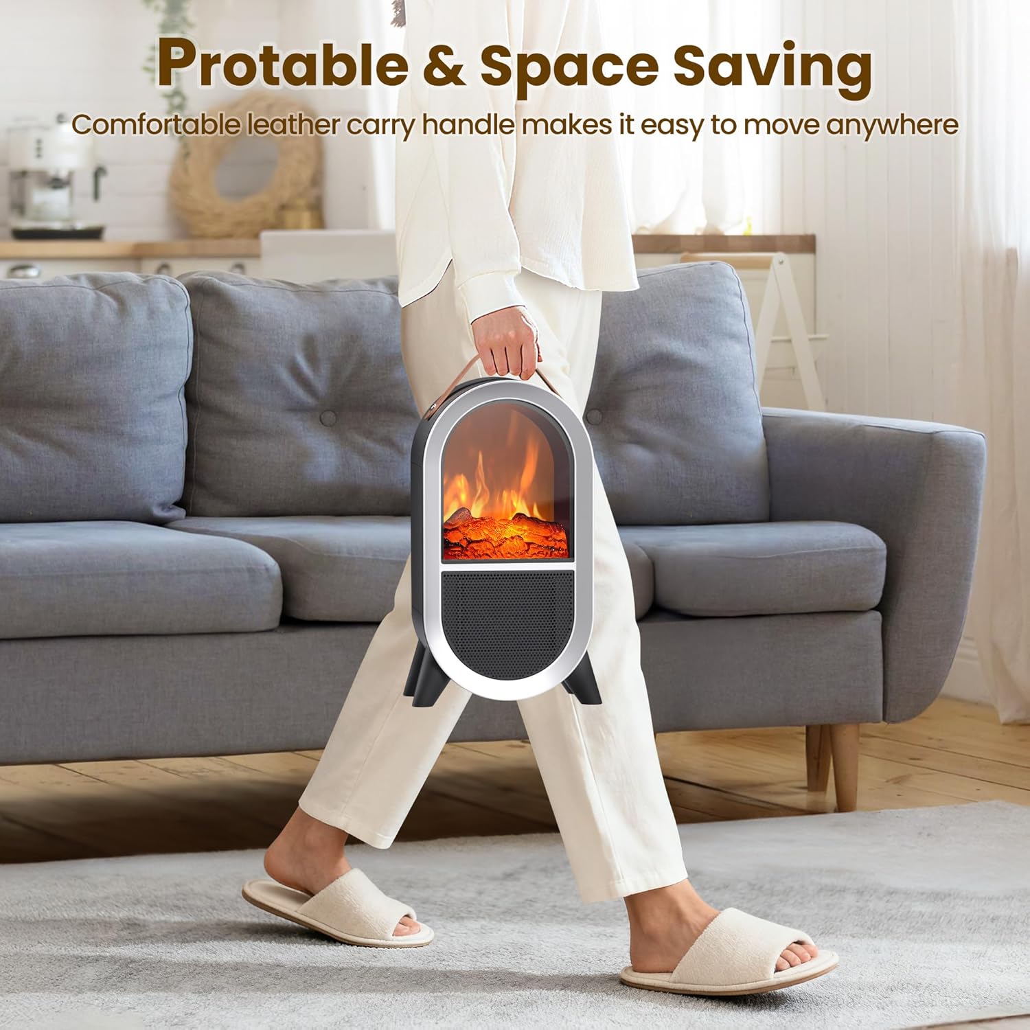 Riseon Portable Electric Fireplace Heater, 1500W/750W Mini Space Heater for Indoor Use with 3D Flame, Thermostat, Carry Handle, Overheat & Tipover Protection, for Home Office Bedroom Desk, Black