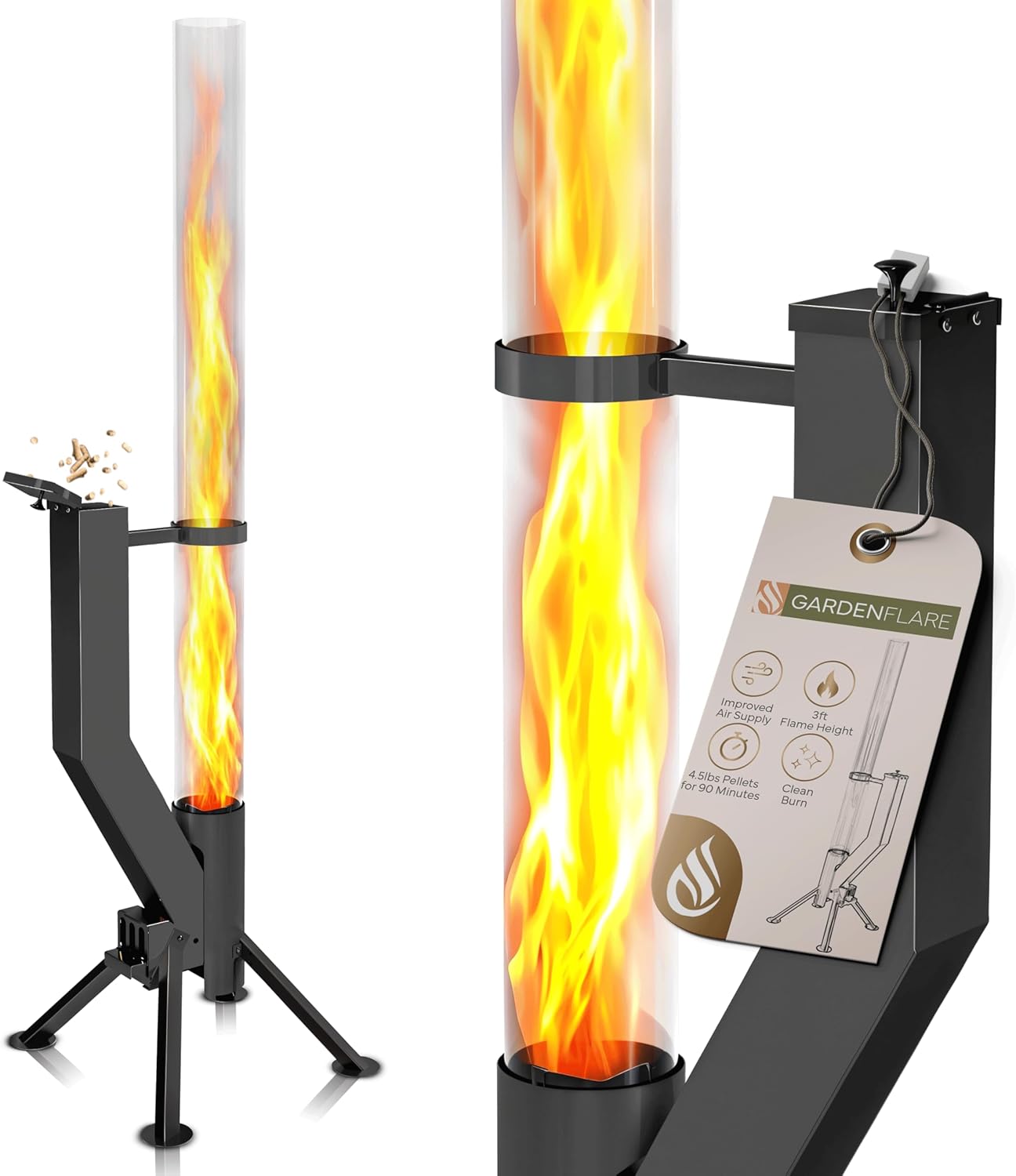 GARDENFLARE Smokeless Fire Pit - Outdoor Wood Pellet Fire Tube Stainless Steel firepit for Ambience Fire on Your Backyard, Patio, Porch & Garden (Matte Black, Classic)