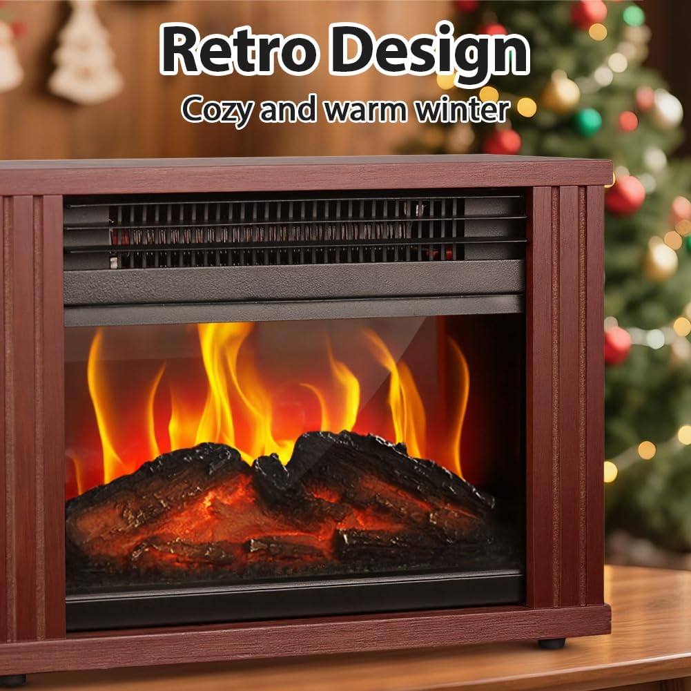 Small Electric Fireplace Heater, LifePlus Mini Wooden Space Tabletop Fireplace with 3D Realistic Flame Effect, Cool and Safe to Touch, Perfect for Study Bedroom Office, Overheating Protection, 1500W