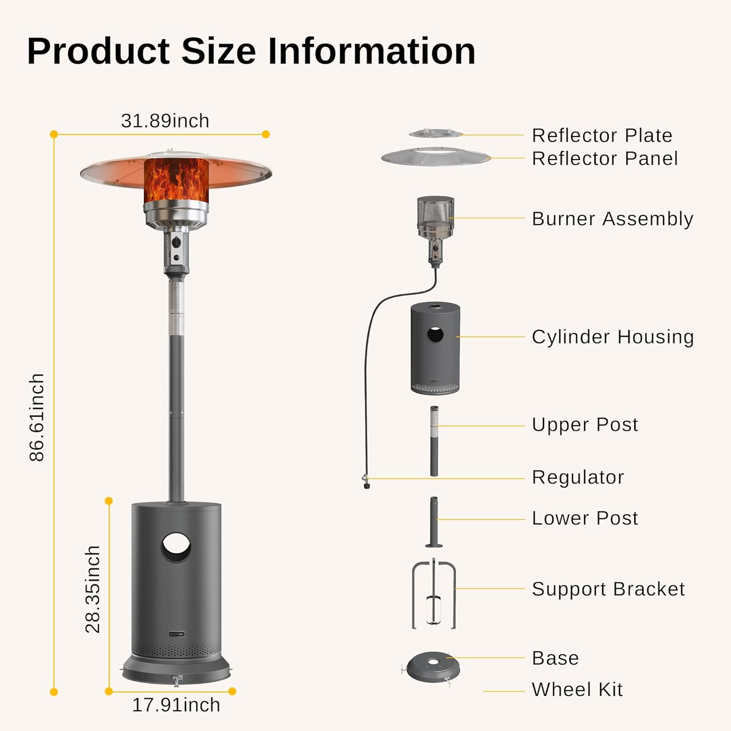 EAST OAK 50,000 BTU Patio Heater for Outdoor Use with Round Table Design, Double-Layer Stainless Steel Burner, Wheels, Triple Protection System, Outdoor Heater for Home and Residential, Black