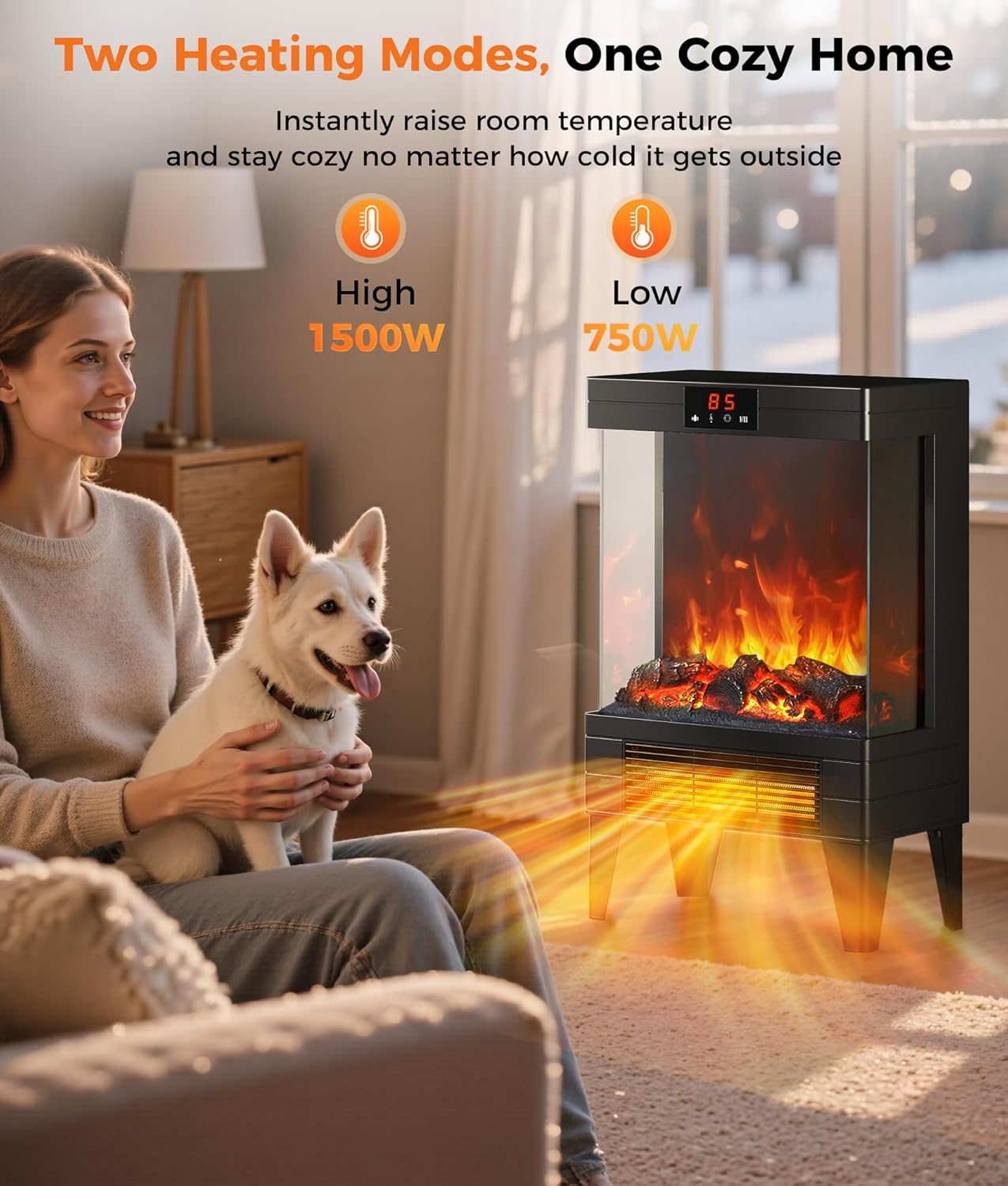 Oylus Electric Fireplace Stove Heater - Freestanding Fireplace Heater for Indoor Use with Realistic 3D Flame, Adjustable Thermostat & Remote, Quiet, Timer for Living Room and Bedroom