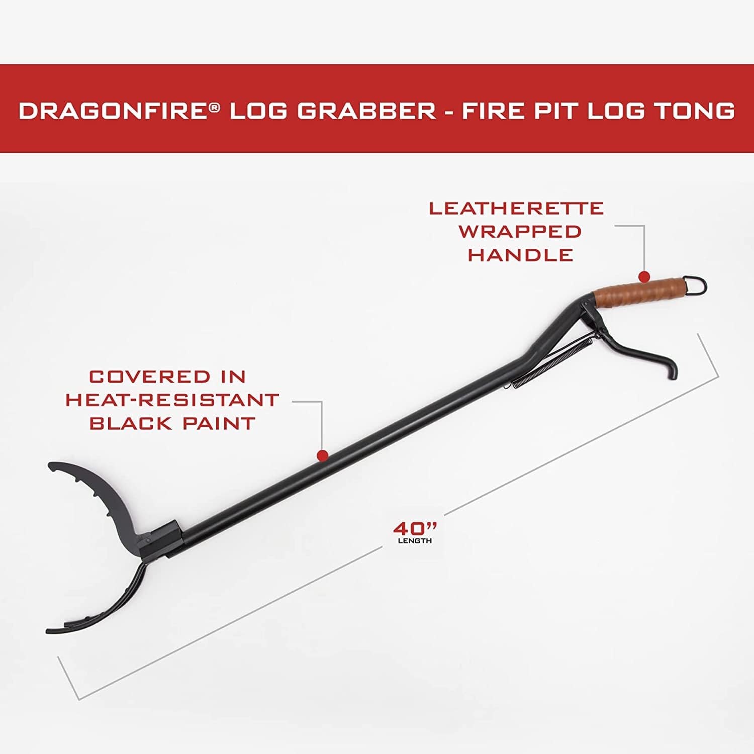 Dragonfire Log Grabber - 40 Long Fire Pit Tong with Durable Steel Shaft, Ergonomic Leatherette Handle, Triple Prong Design, and Heat-Resistant Black Coating