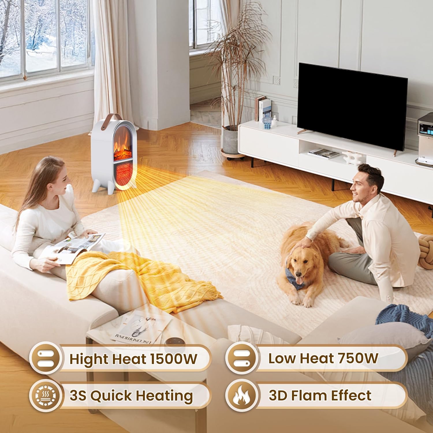 Riseon Portable Electric Fireplace Heater, 1500W/750W Mini Space Heater for Indoor Use with 3D Flame, Thermostat, Carry Handle, Overheat & Tipover Protection, for Home Office Bedroom Desk, Black