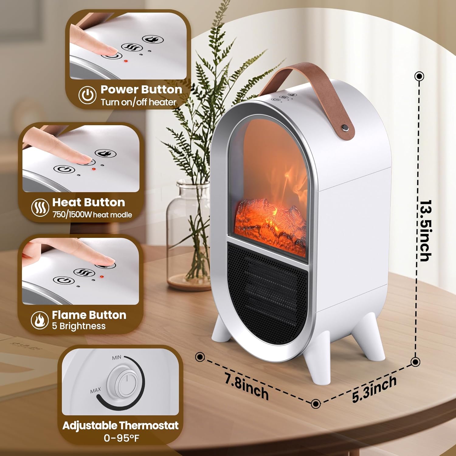 Riseon Portable Electric Fireplace Heater, 1500W/750W Mini Space Heater for Indoor Use with 3D Flame, Thermostat, Carry Handle, Overheat & Tipover Protection, for Home Office Bedroom Desk, Black