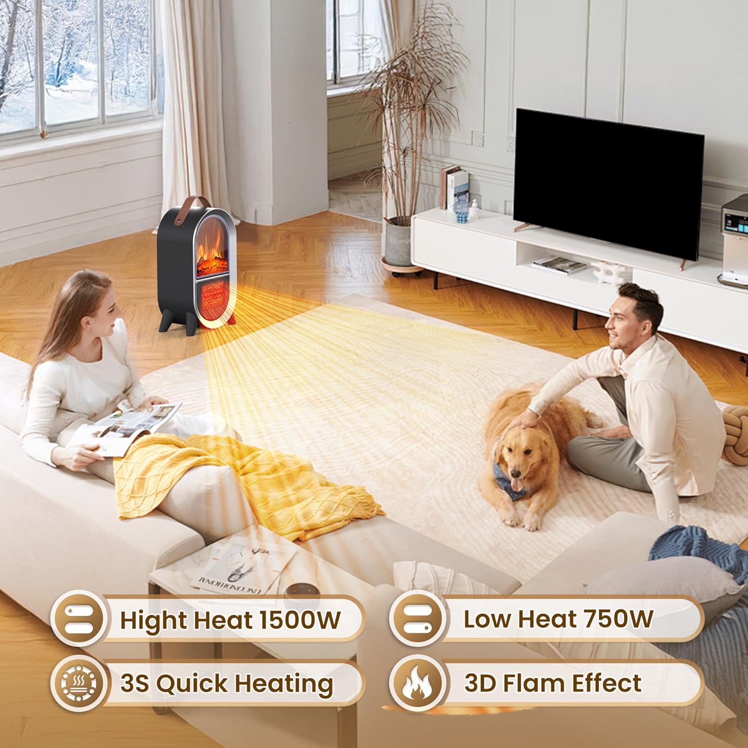 Riseon Portable Electric Fireplace Heater, 1500W/750W Mini Space Heater for Indoor Use with 3D Flame, Thermostat, Carry Handle, Overheat & Tipover Protection, for Home Office Bedroom Desk, Black