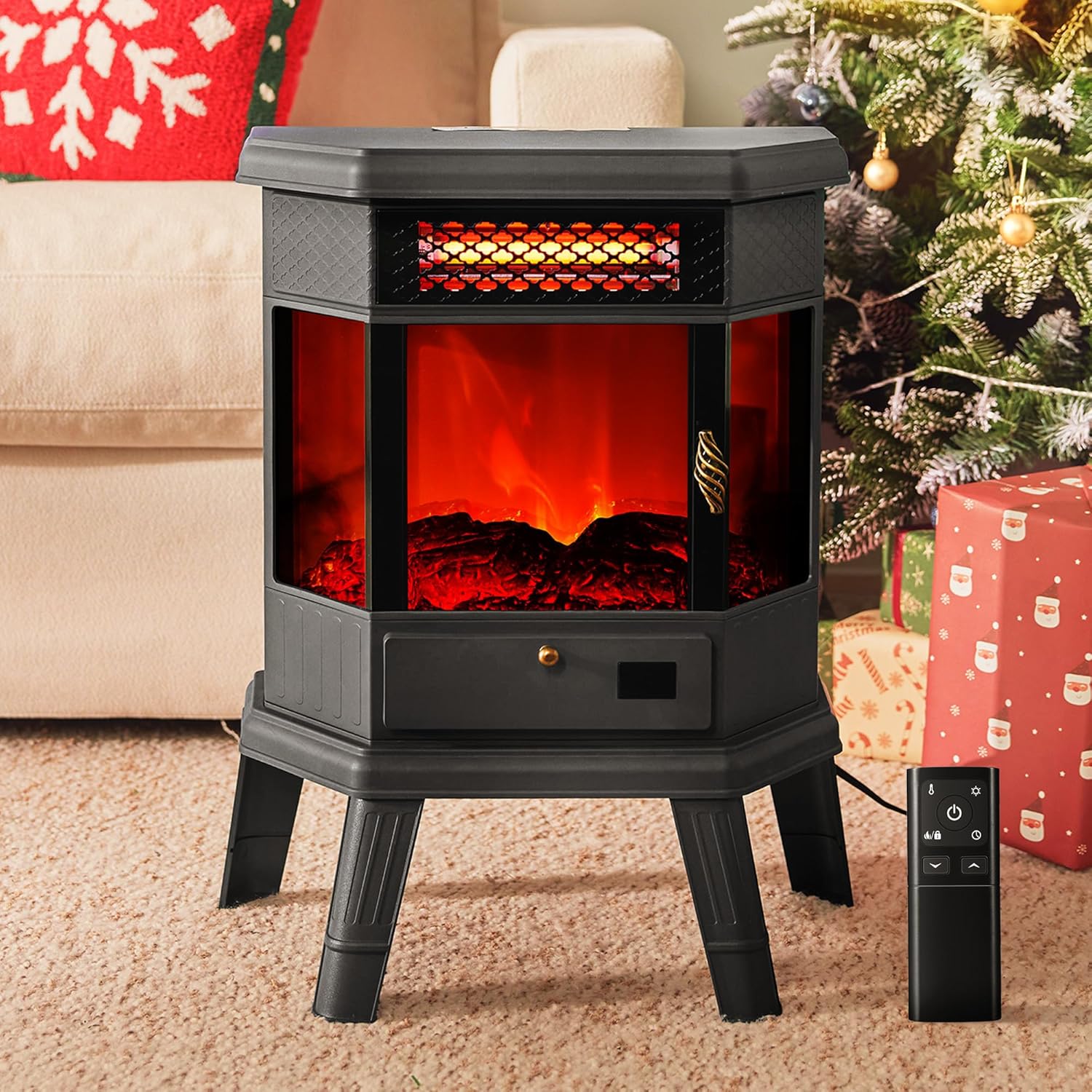 Electric Fireplace Heater 22 in Freestanding Fireplace Stove Infrared Fireplace RealSmart with 3D Flame Effect Remote Control, Timer, Overheating Protection Heater for Indoor Use Black
